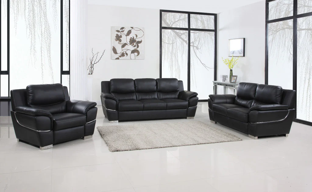 112" Chic Black Leather Sofa Set By Homeroots - Image 2