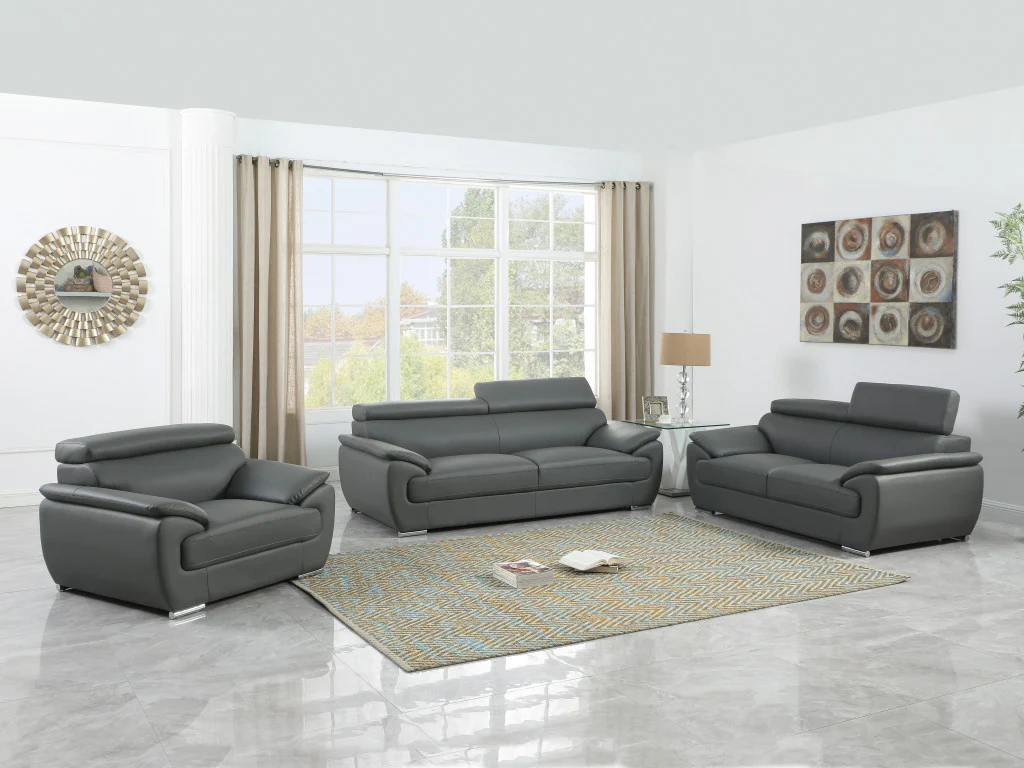 114" Captivating Grey Leather Sofa Set By Homeroots - Image 2