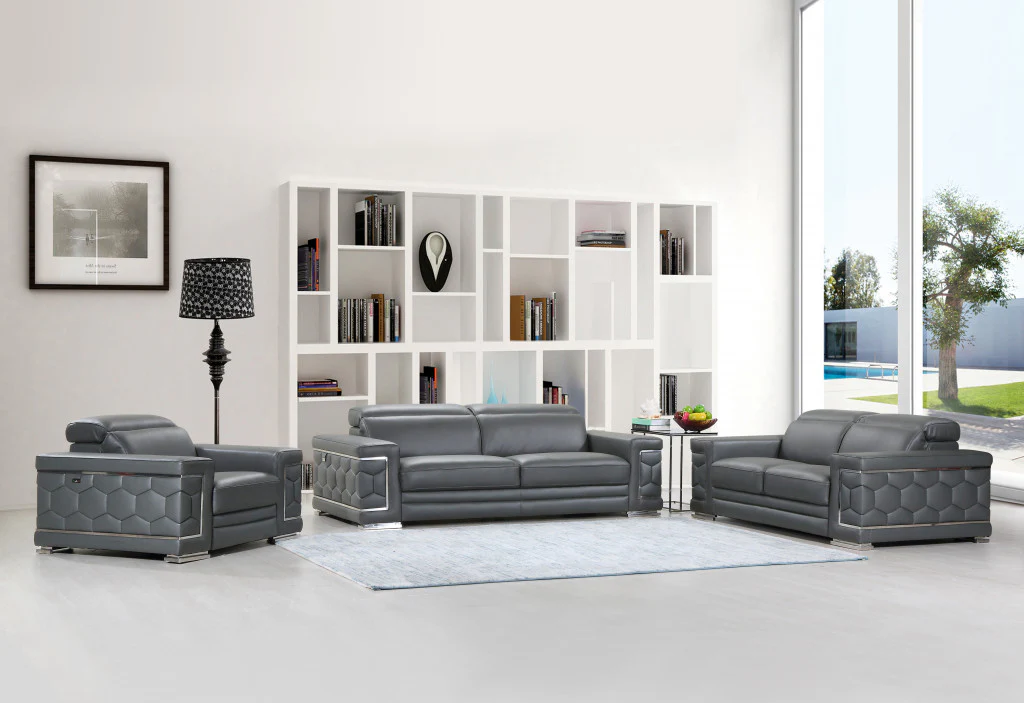 114" Sturdy Dark Grey Leather Sofa Set By Homeroots - Image 2