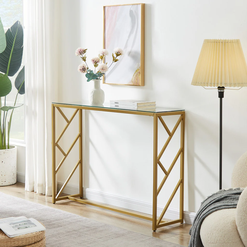 12" Clear and Gold Glass Frame Console Table By Homeroots - Image 6
