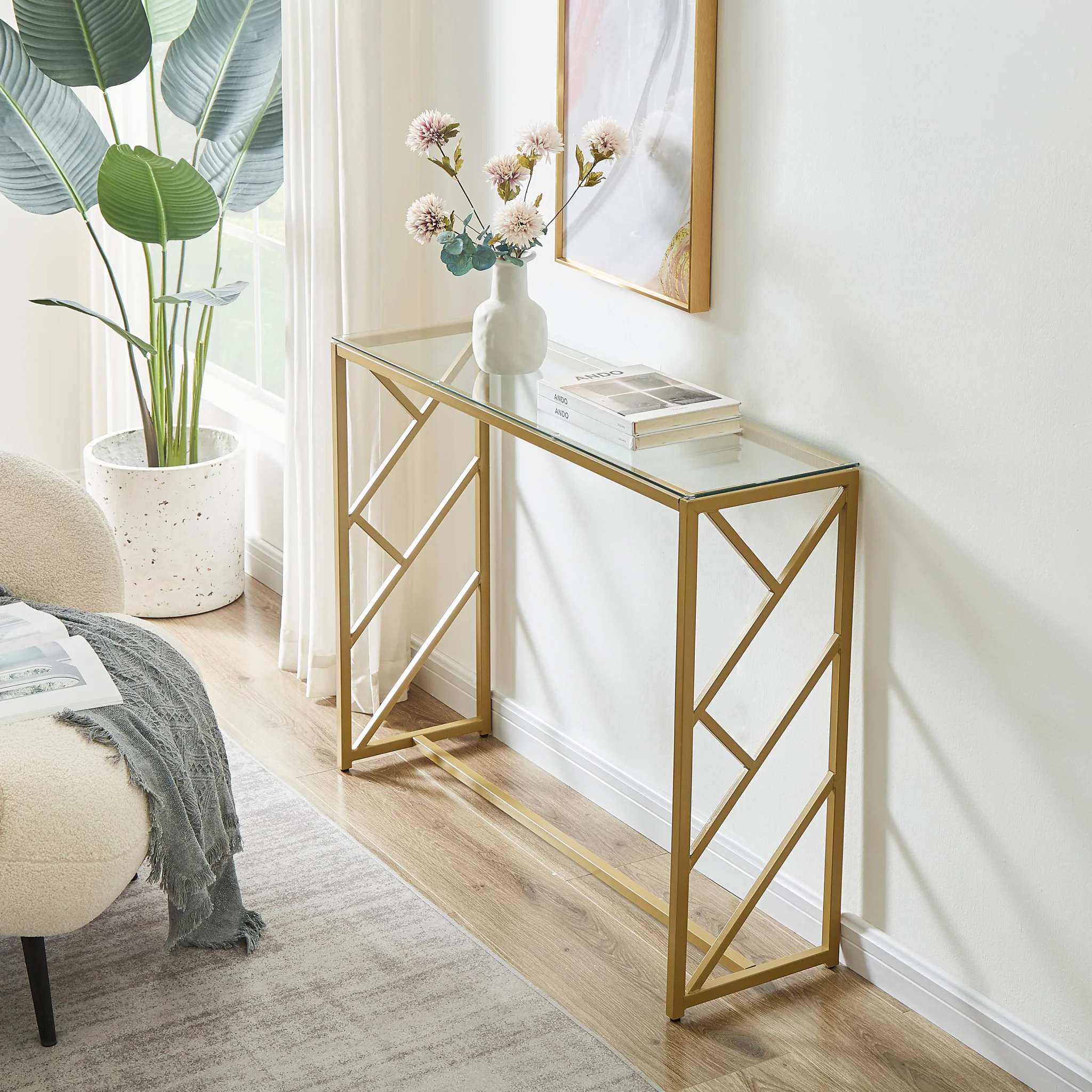 12" Clear and Gold Glass Frame Console Table By Homeroots - Image 7