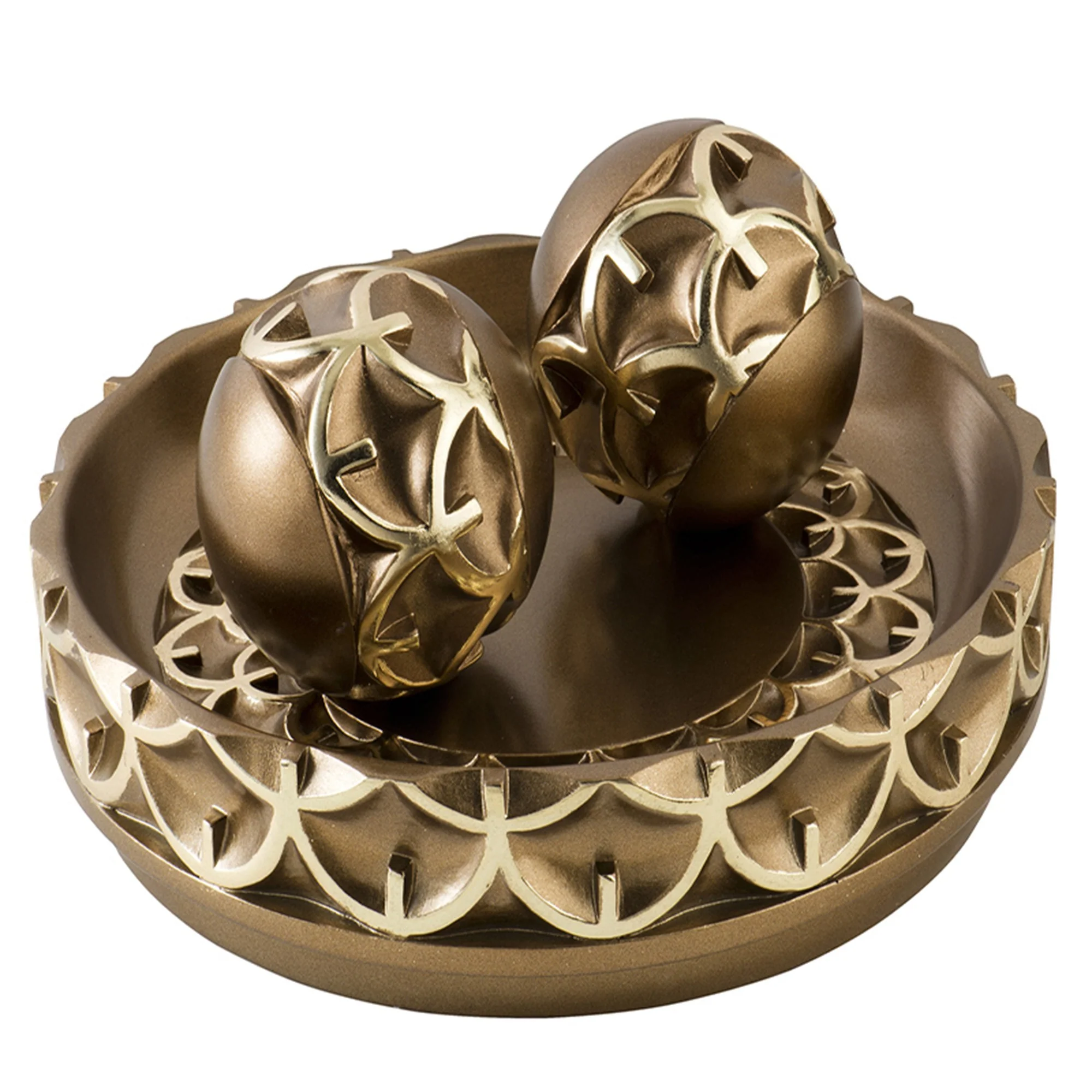 12" Rustic Gold Polyresin Decorative Bowl with Orbs Sculpture By Homeroots - Image 2