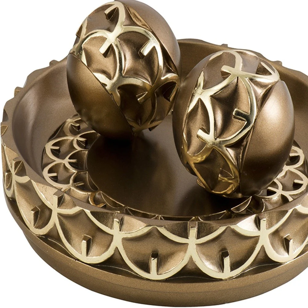 12" Rustic Gold Polyresin Decorative Bowl with Orbs Sculpture By Homeroots - Image 3