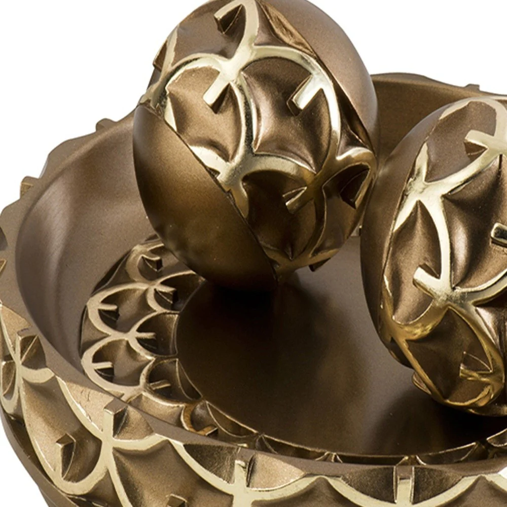 12" Rustic Gold Polyresin Decorative Bowl with Orbs Sculpture By Homeroots - Image 4