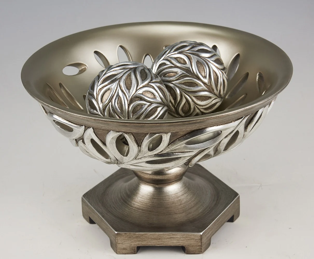 13" Brushed Silver Leaf Polyresin Decorative Pedestal Bowl with Orbs By Homeroots - Image 2