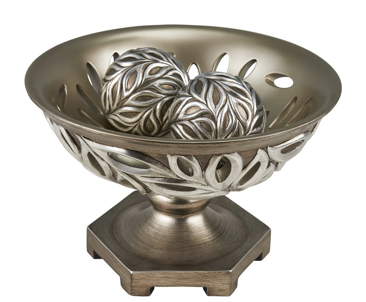 13" Brushed Silver Leaf Polyresin Decorative Pedestal Bowl with Orbs By Homeroots - Image 3