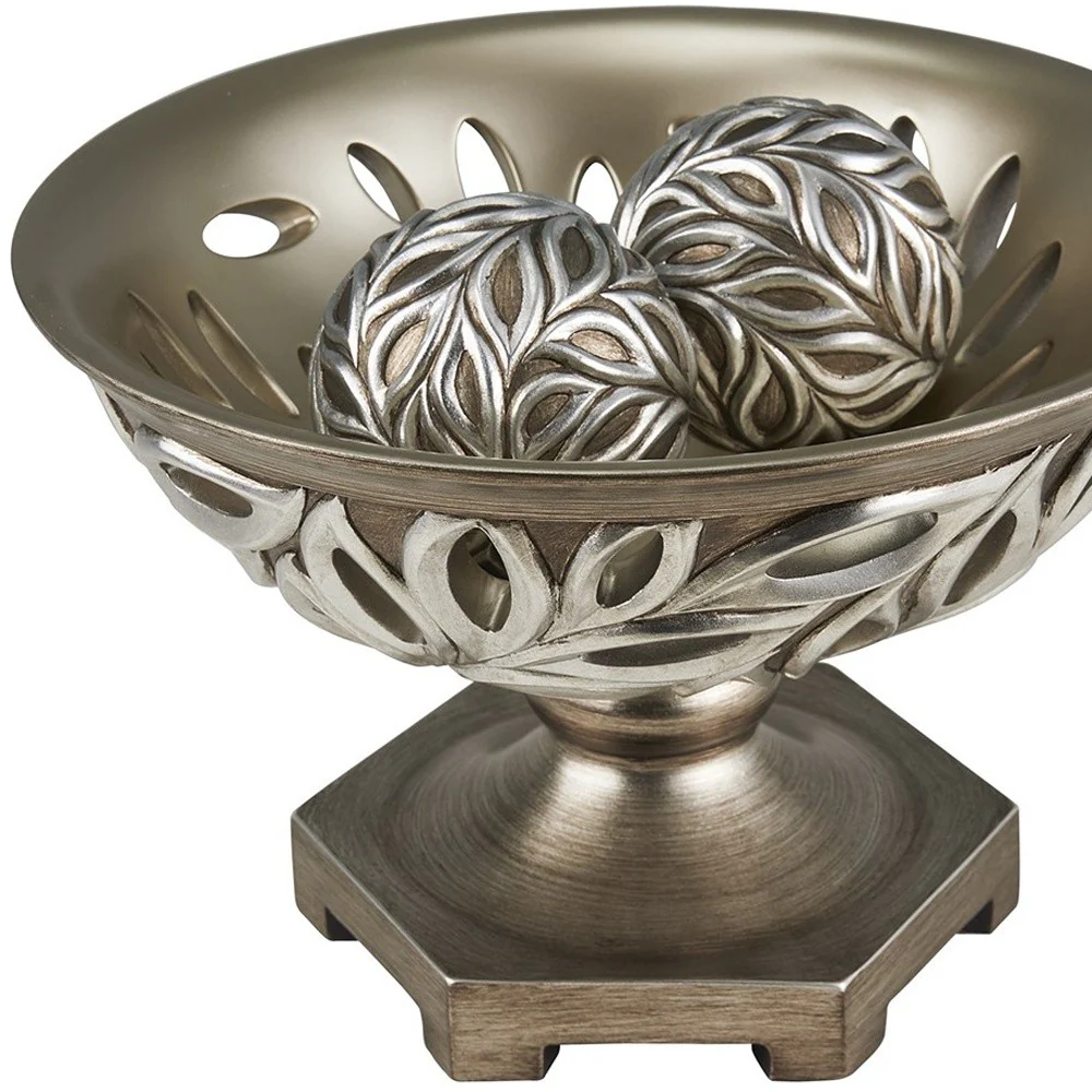 13" Brushed Silver Leaf Polyresin Decorative Pedestal Bowl with Orbs By Homeroots - Image 4