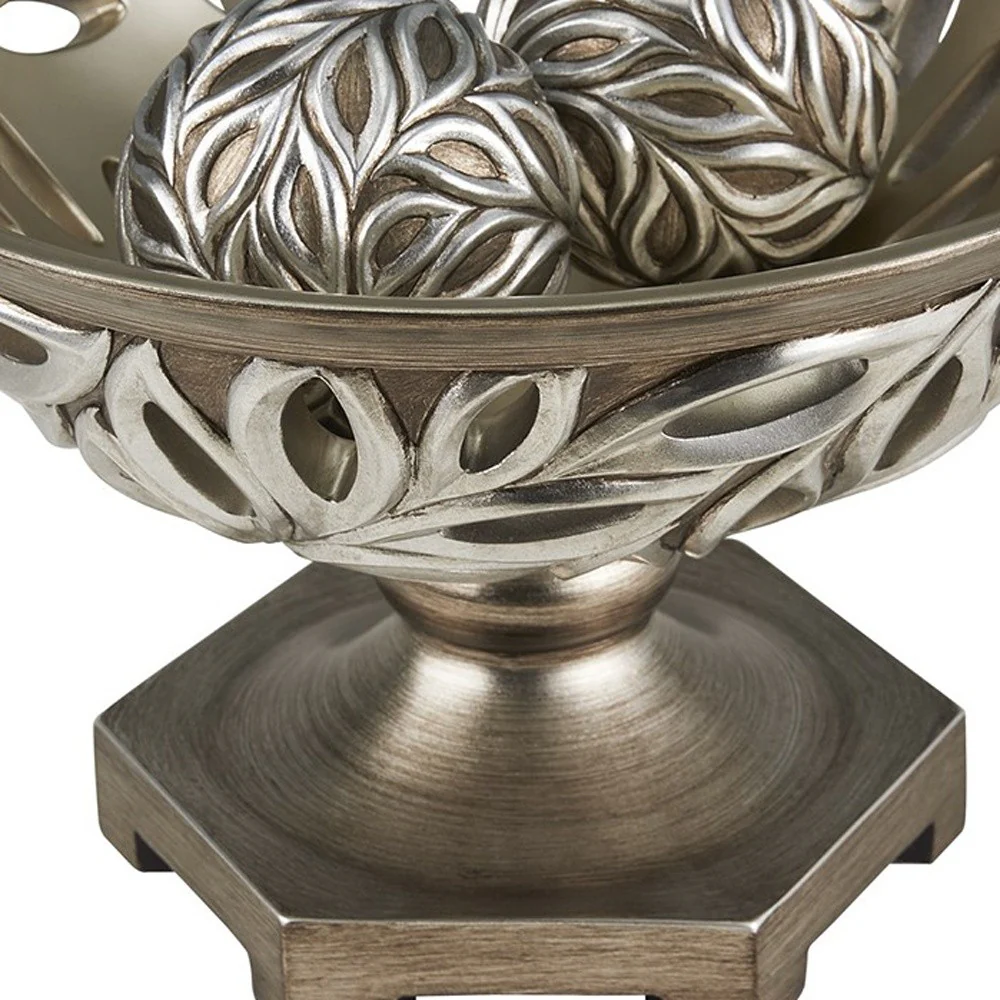 13" Brushed Silver Leaf Polyresin Decorative Pedestal Bowl with Orbs By Homeroots - Image 5