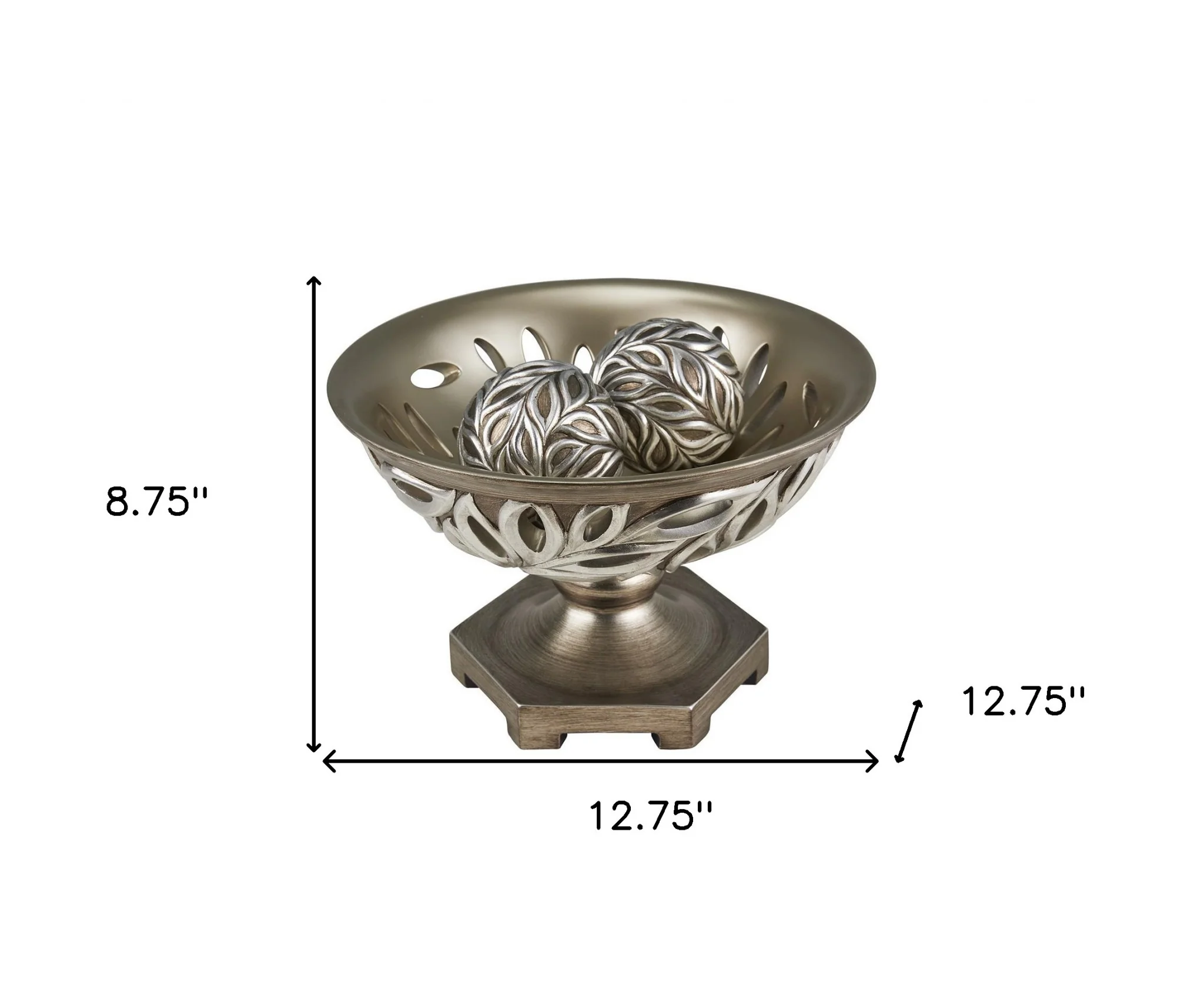 13" Brushed Silver Leaf Polyresin Decorative Pedestal Bowl with Orbs By Homeroots - Image 6