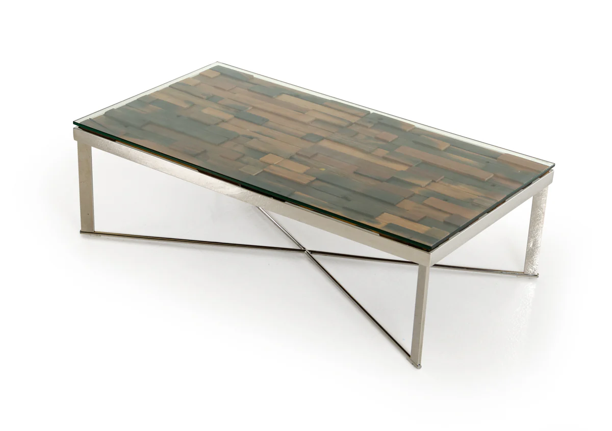 14' Mosaic Wood Glass and Steel Coffee Table By Homeroots - Image 3