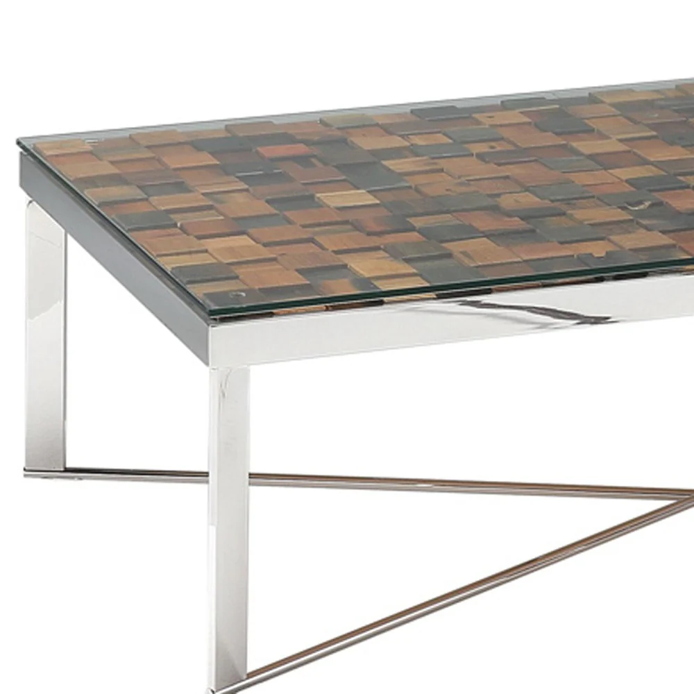 14' Mosaic Wood Steel and Glass Coffee Table By Homeroots - Image 4