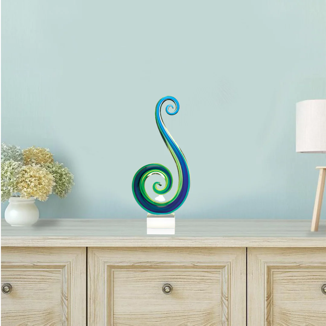 14 Mouth Blown Art Glass Blue and Green Centerpiece on Base By Homeroots - Image 3