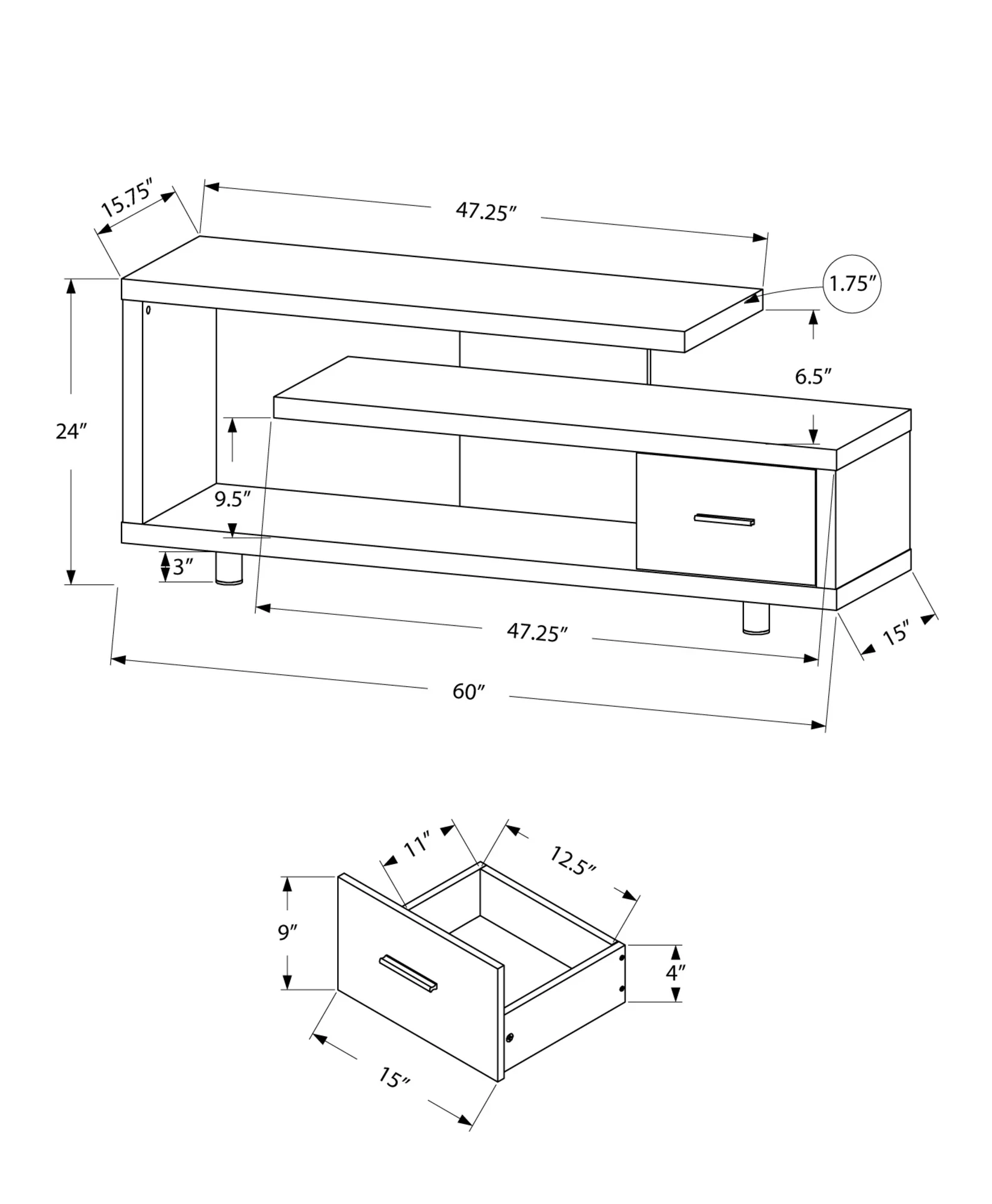 15.75" X 60" X 24" Black Grey Particle Board Hollow Core Metal TV Stand With A Drawer By Homeroots - Image 3