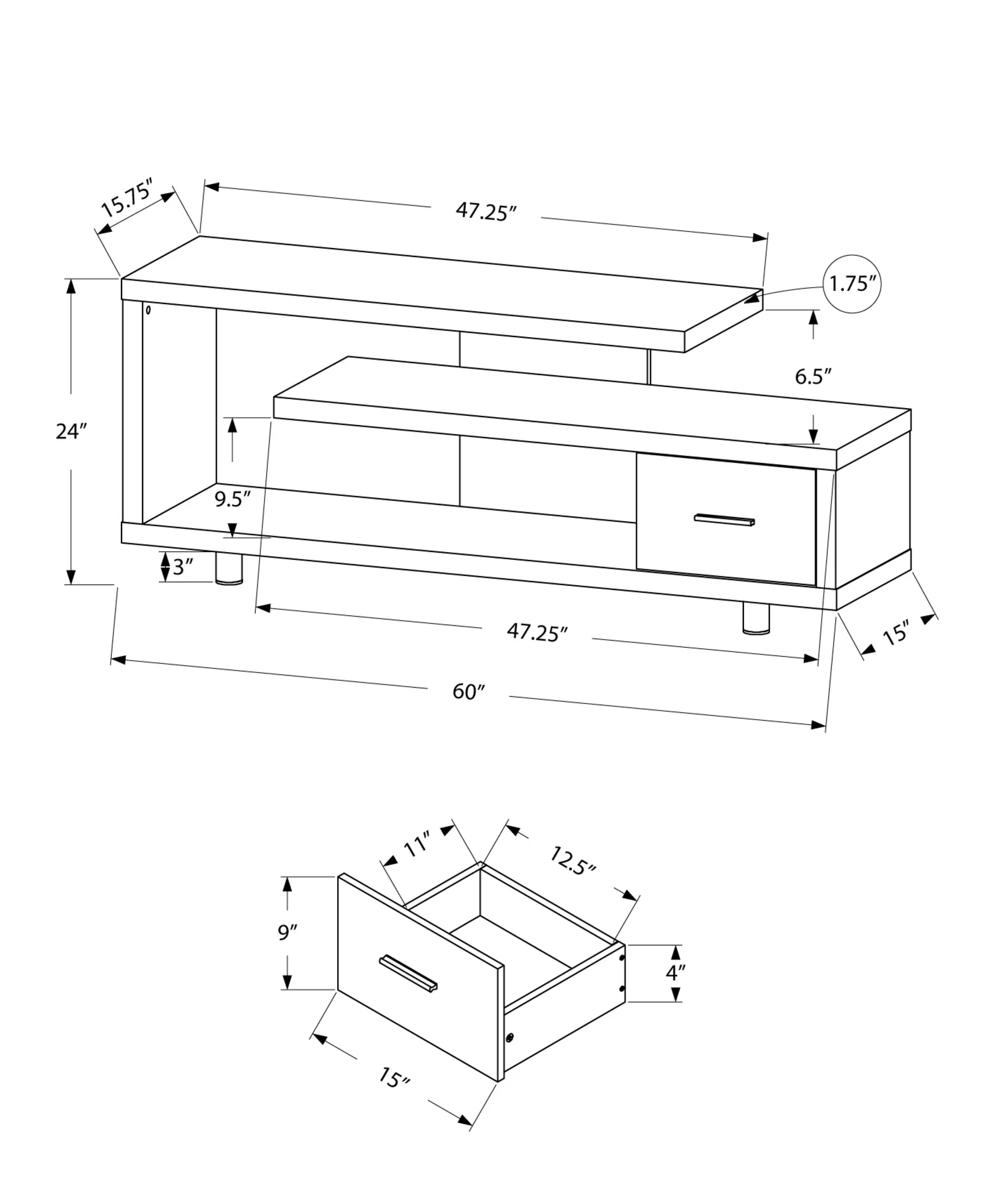 15.75" X 60" X 24" Dark Taupe Silver Particle Board Hollow Core Metal TV Stand With A Drawer By Homeroots - Image 3