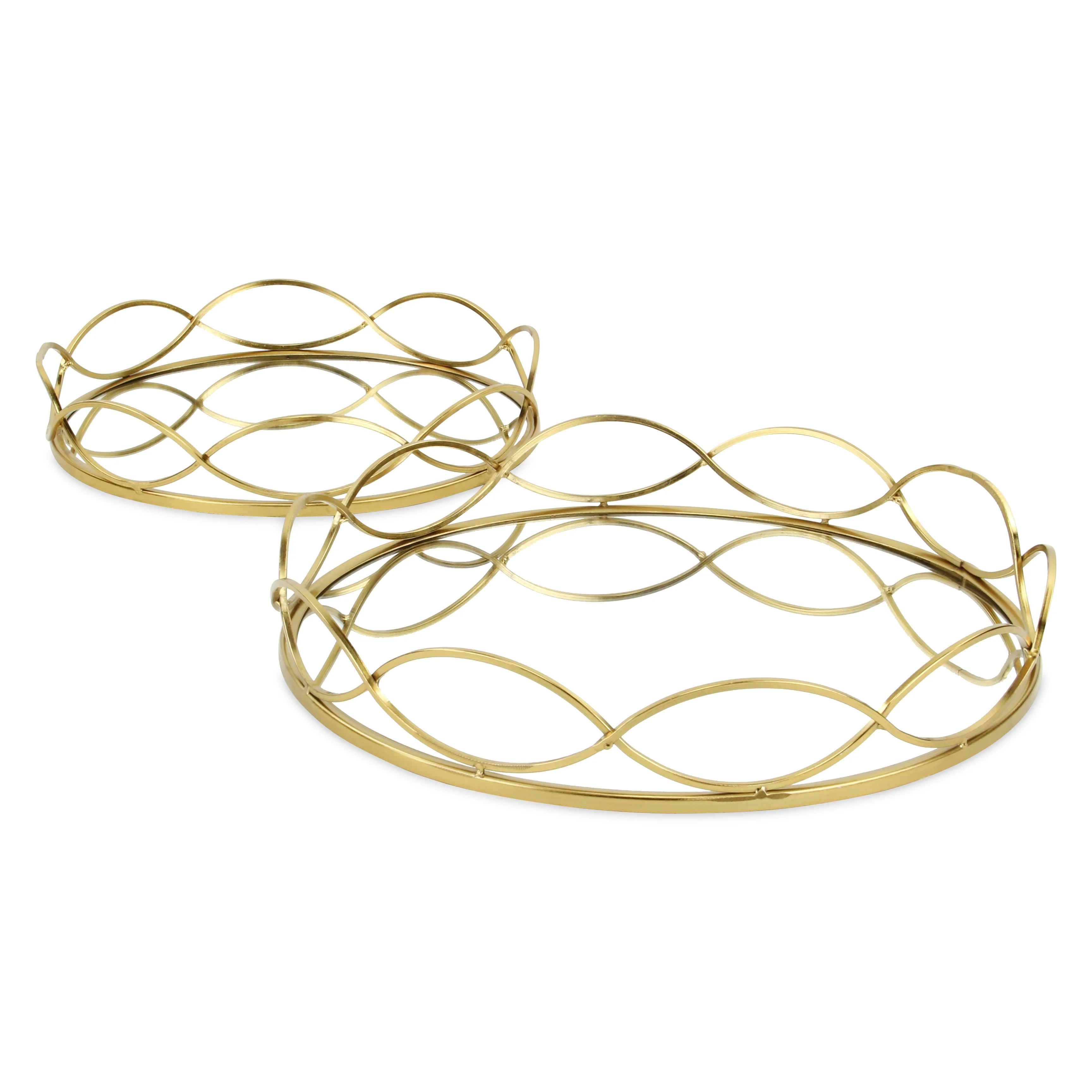 15" Gold Round Metal Handmade Tray With Handles By Homeroots - Image 2