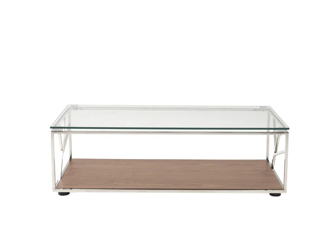 15' Walnut Veneer Glass and Steel Coffee Table By Homeroots - Image 2