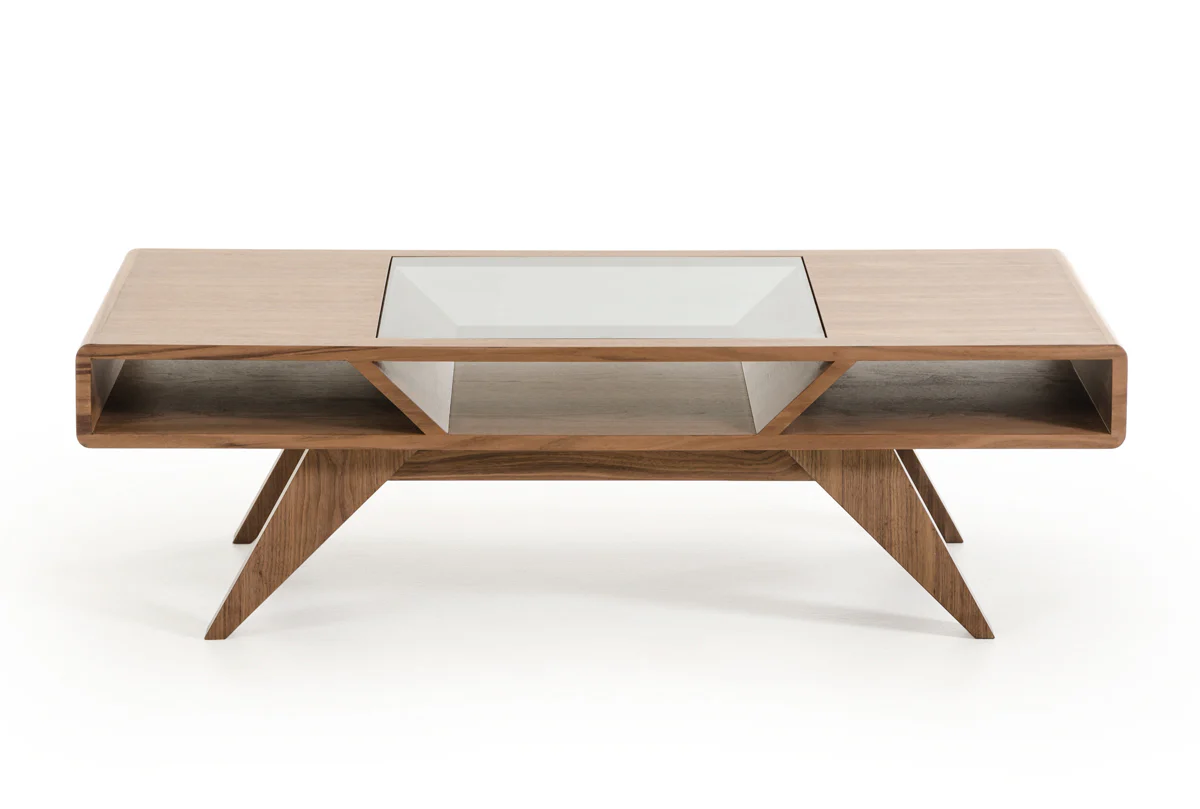 15' Walnut Wood Veneer and Glass Coffee Table By Homeroots - Image 2