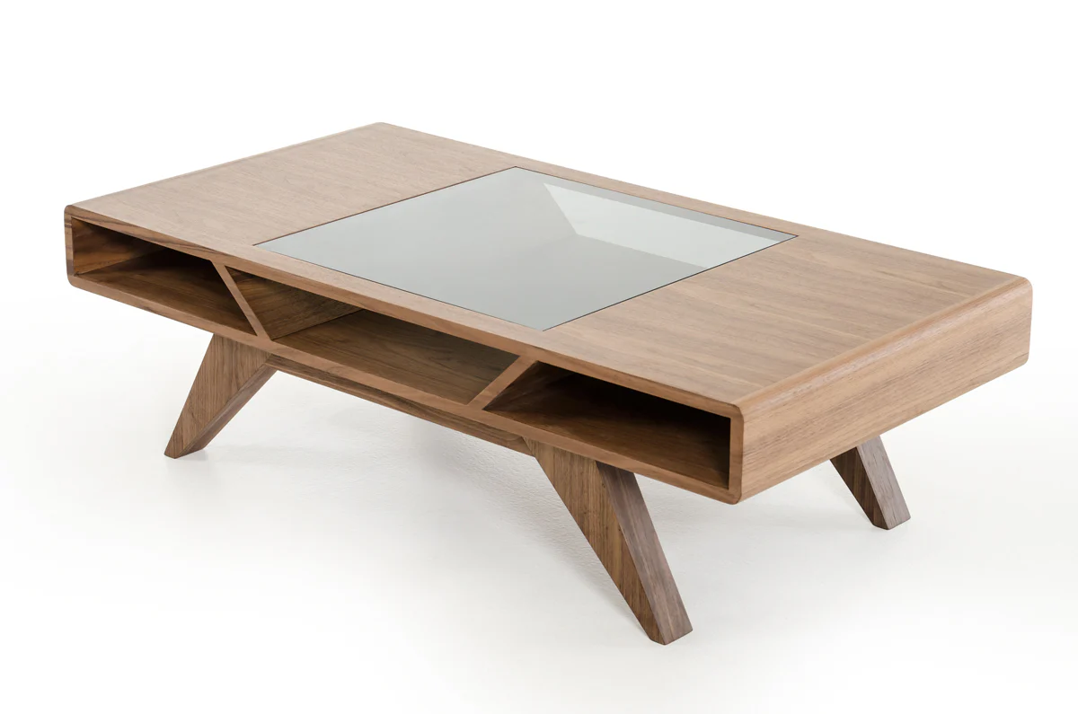 15' Walnut Wood Veneer and Glass Coffee Table By Homeroots - Image 3