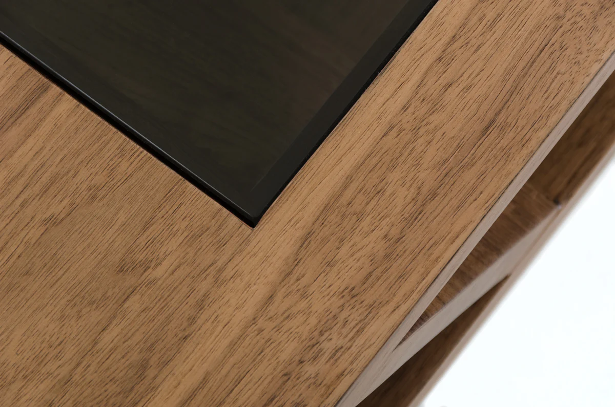 15' Walnut Wood Veneer and Glass Coffee Table By Homeroots - Image 4
