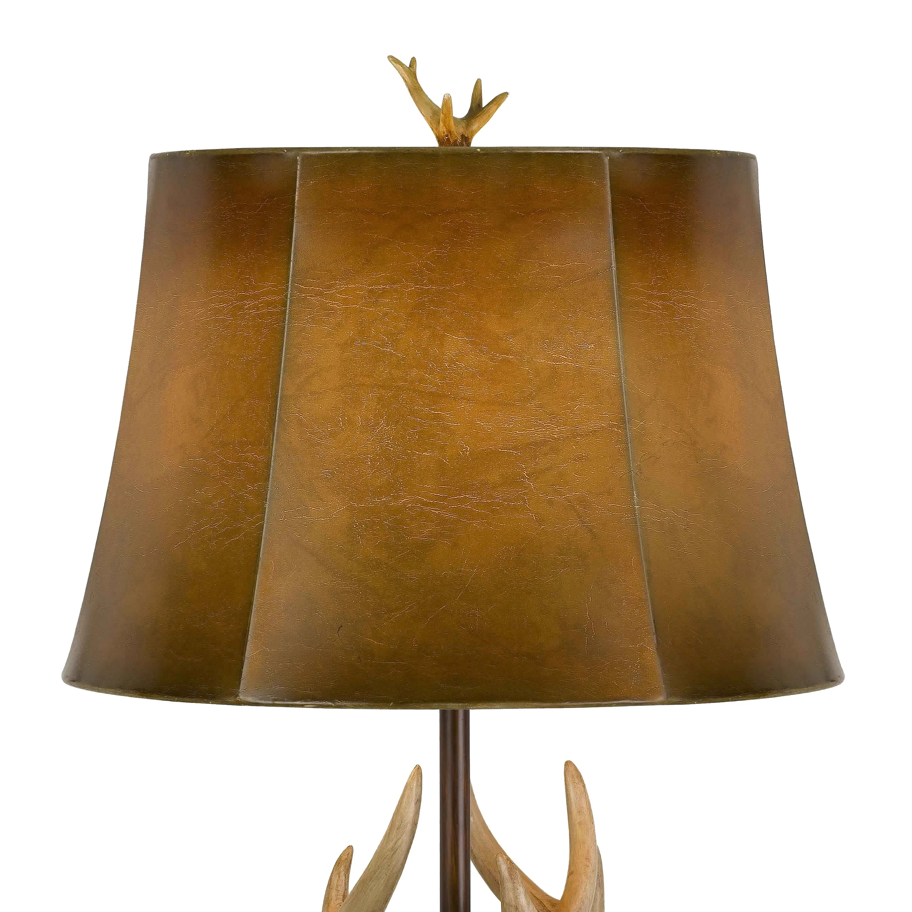 150 Watt Leatherette Shade Table Lamp With Antler Polyresin Base, Brown By Benzara - Image 2