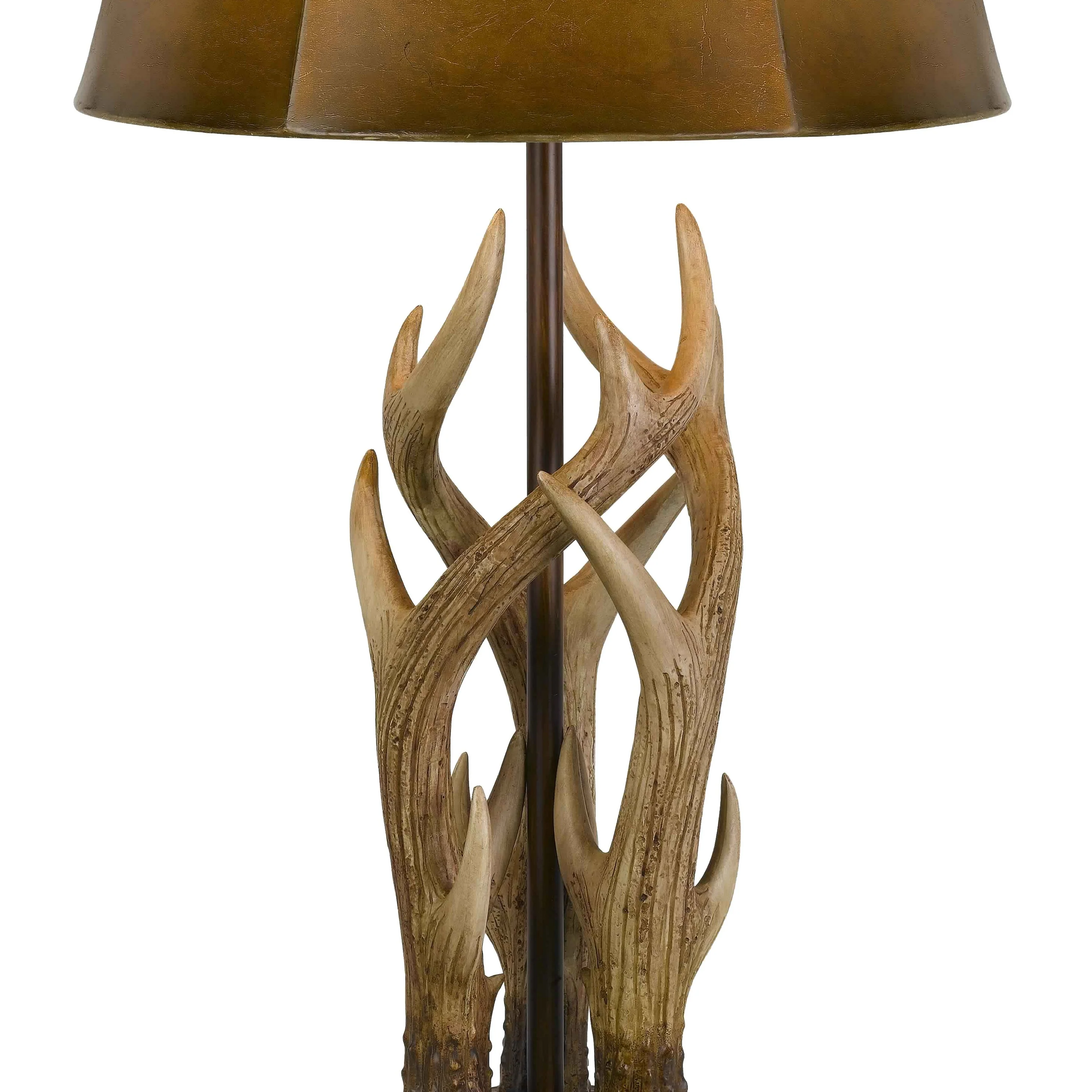 150 Watt Leatherette Shade Table Lamp With Antler Polyresin Base, Brown By Benzara - Image 3