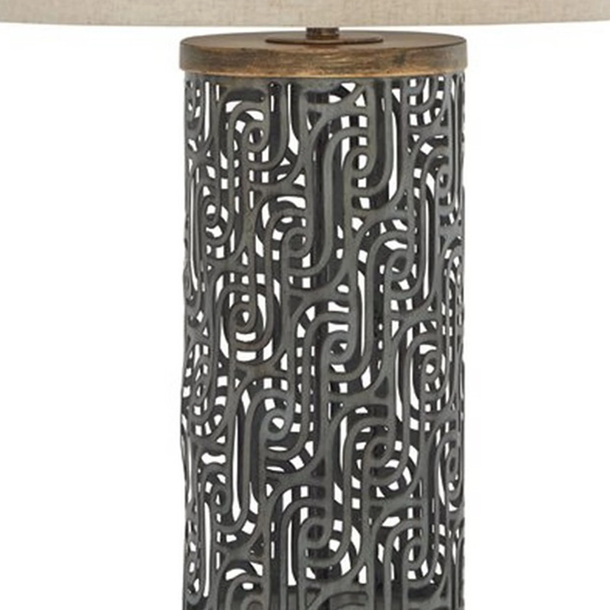 150 Watt Metal Body Table  Lamp With Network Design Gray And Beige By Benzara - Image 2