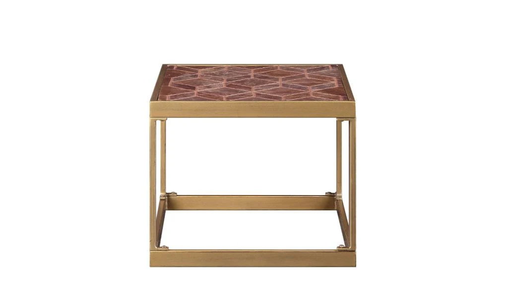16" Brass And Warm Brown Leather Rectangular End Table By Homeroots - Image 2