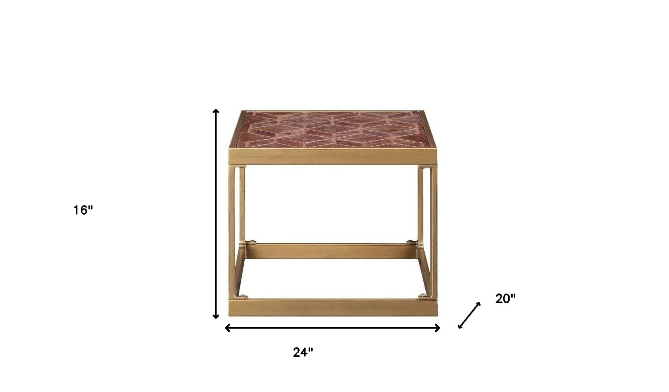 16" Brass And Warm Brown Leather Rectangular End Table By Homeroots - Image 3