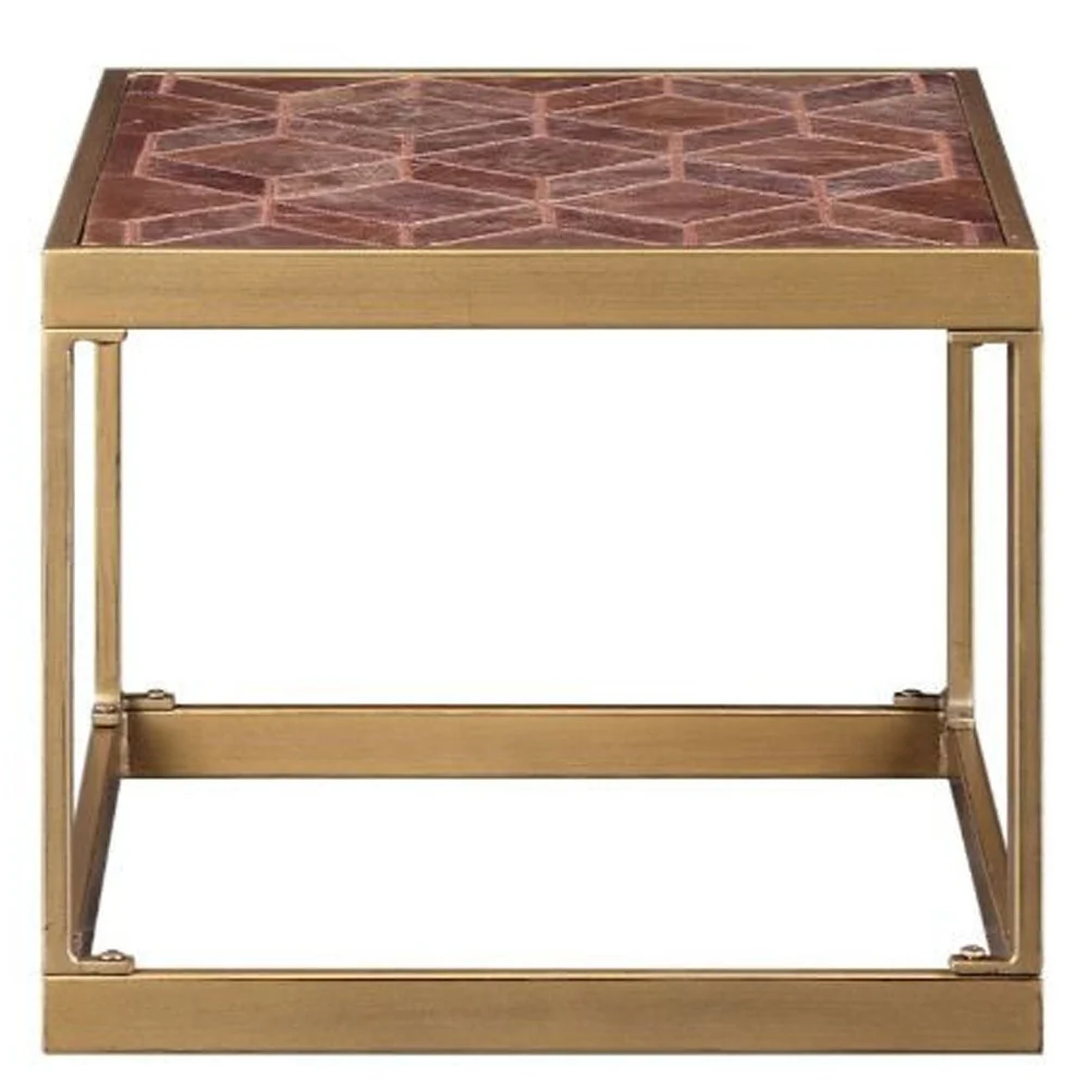 16" Brass And Warm Brown Leather Rectangular End Table By Homeroots - Image 5