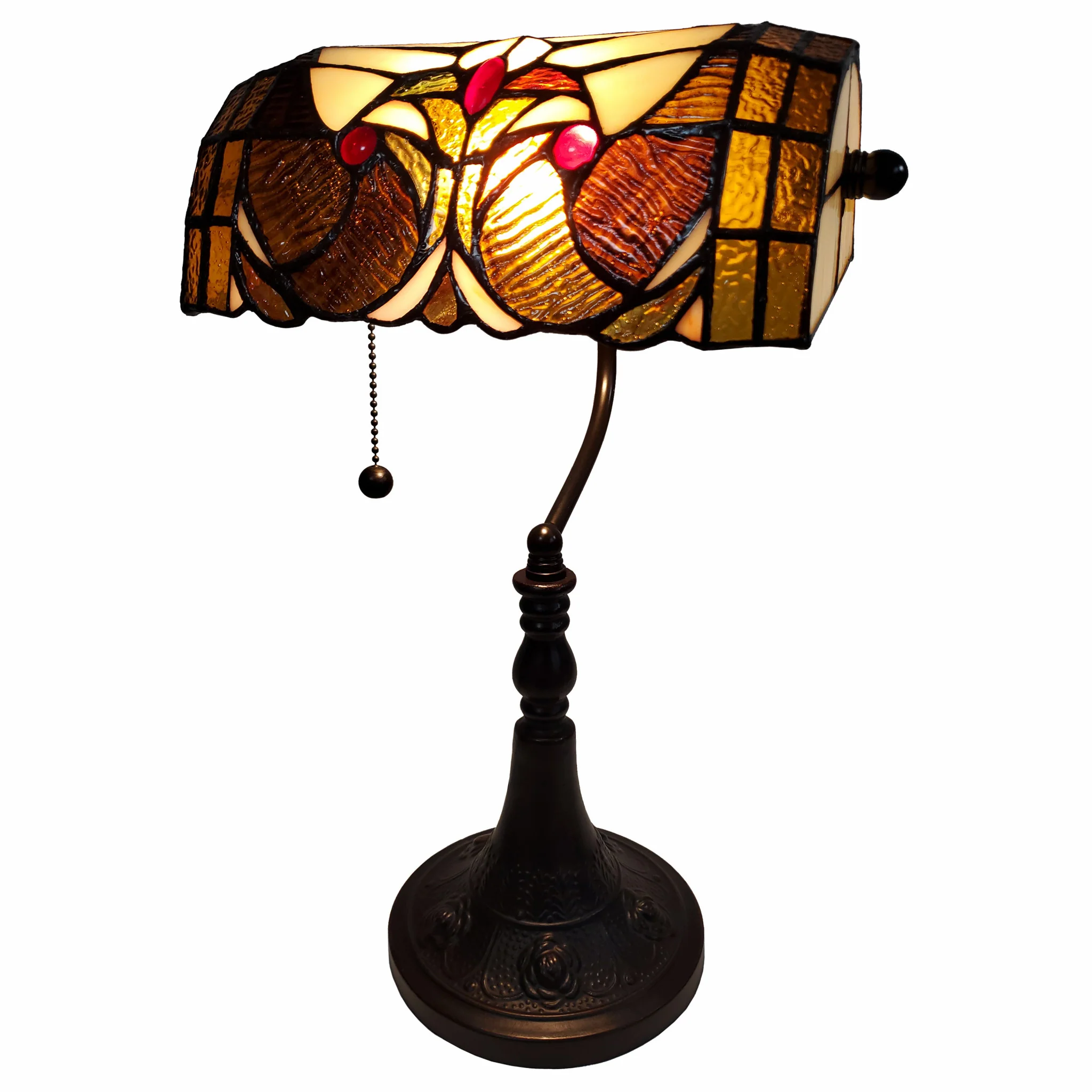 16" Tiffany Style Brown and Orange Banker Desk Lamp By Homeroots - Image 3