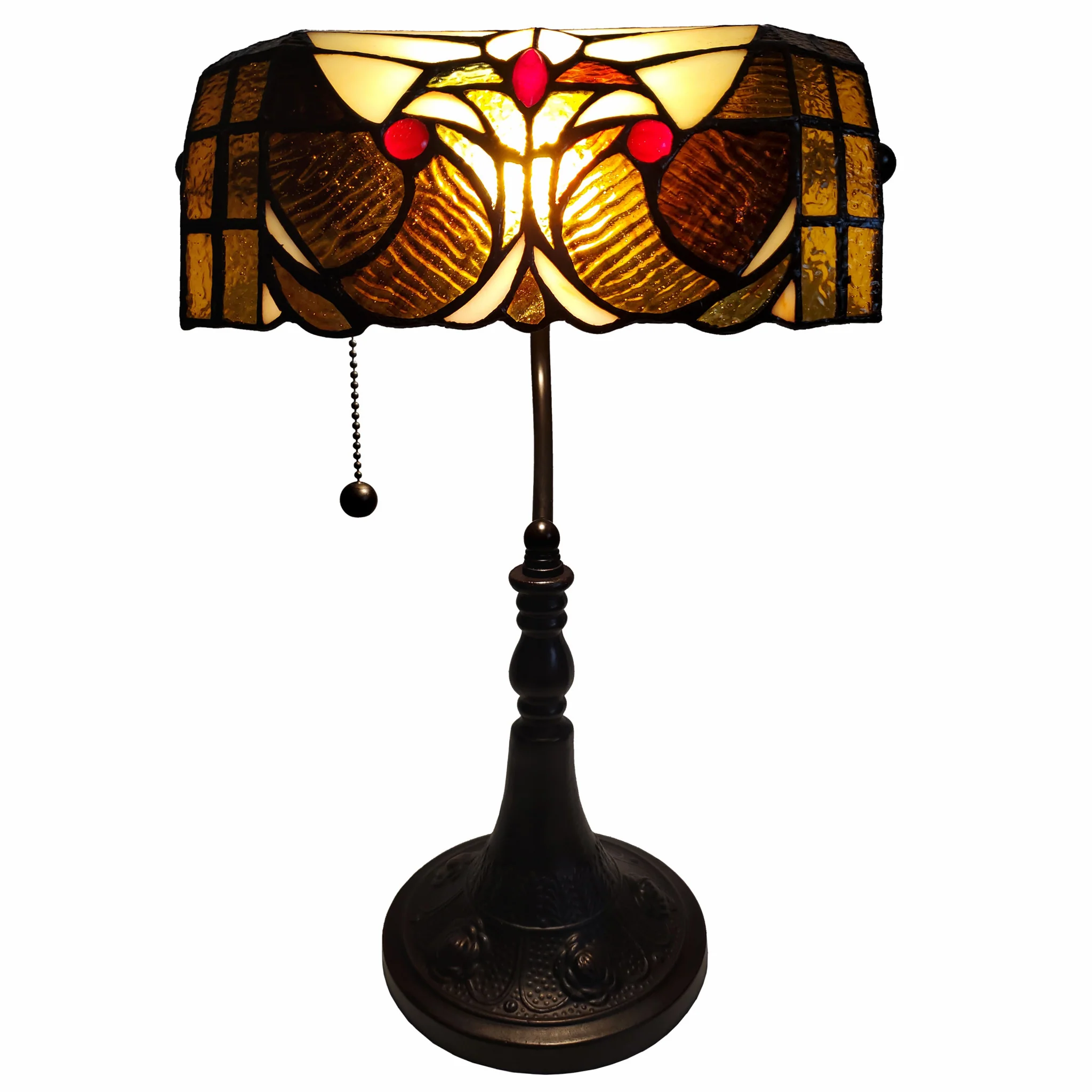 16" Tiffany Style Brown and Orange Banker Desk Lamp By Homeroots - Image 4