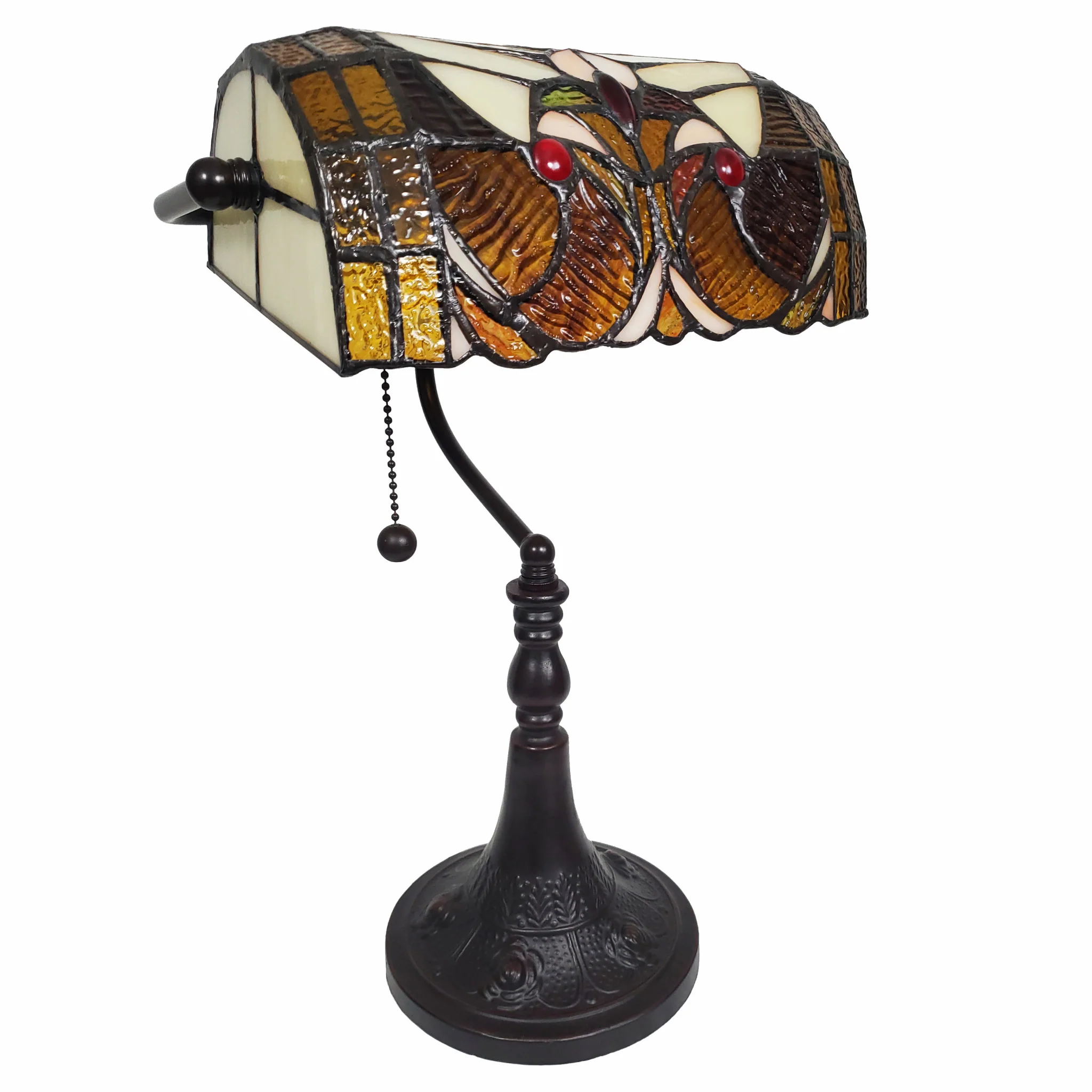16" Tiffany Style Brown and Orange Banker Desk Lamp By Homeroots - Image 5