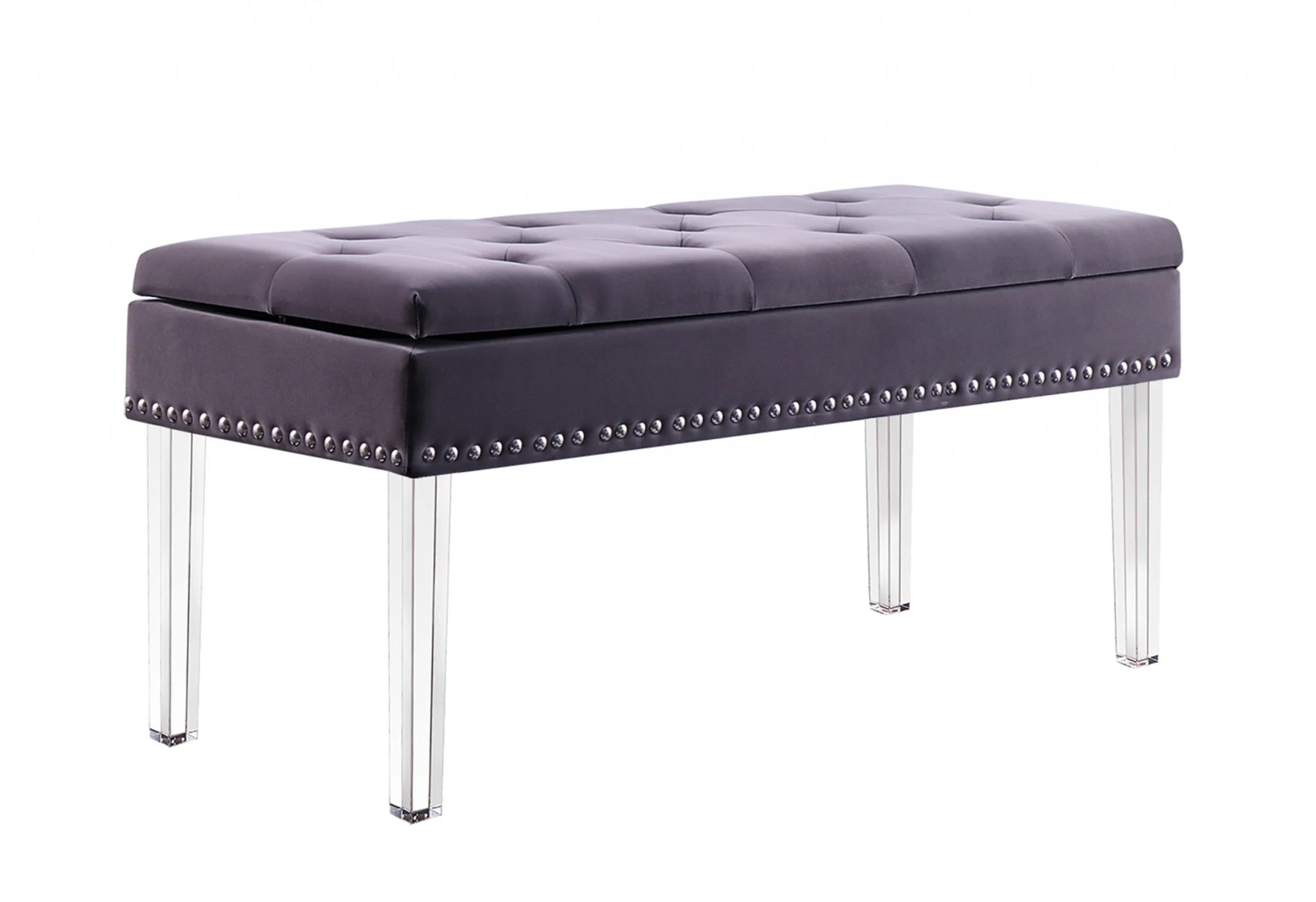 17" Clear And Gray Upholstered Velvet Entryway Bench With Flip Top By Homeroots - Image 3
