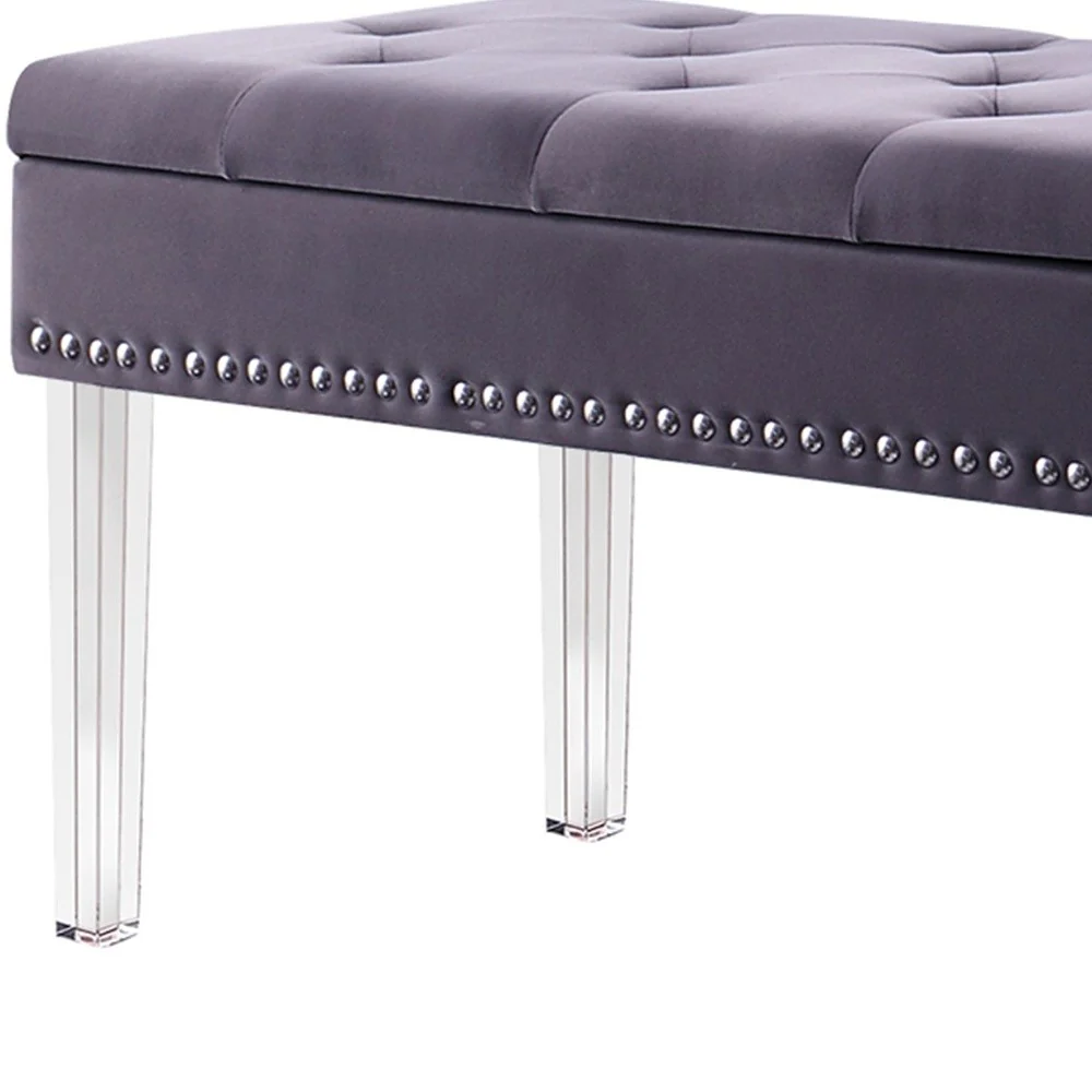 17" Clear And Gray Upholstered Velvet Entryway Bench With Flip Top By Homeroots - Image 4