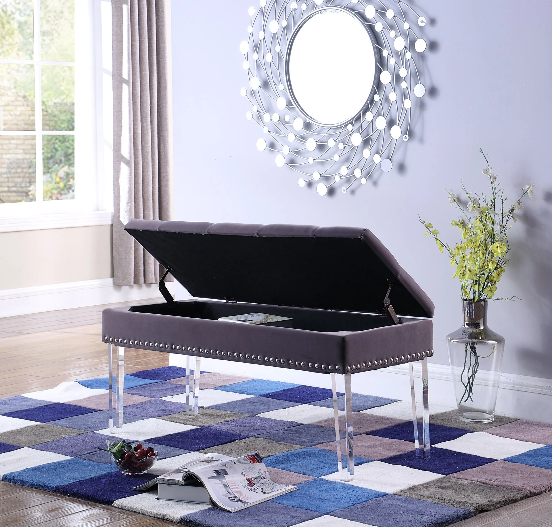 17" Clear And Gray Upholstered Velvet Entryway Bench With Flip Top By Homeroots - Image 6