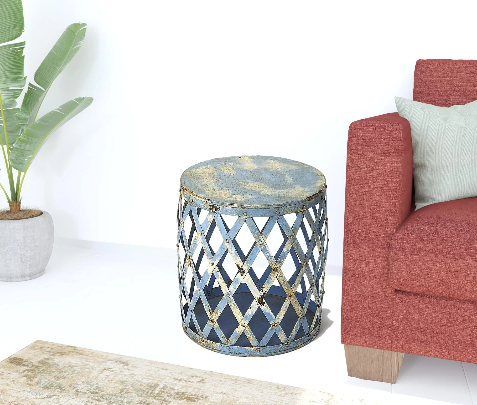 17" Rustic Blue Iron Lattice Round Top End Table By Homeroots - Image 2