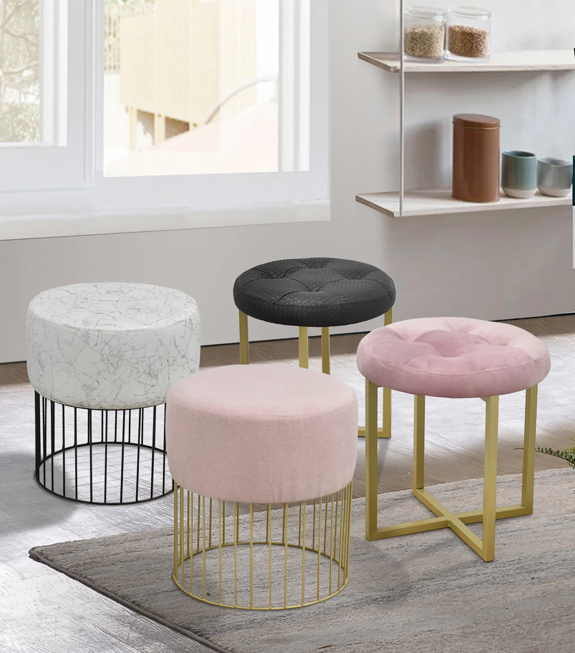 18" Gray Marble Faux Leather and Gold Cylindrical Stool By Homeroots - Image 4