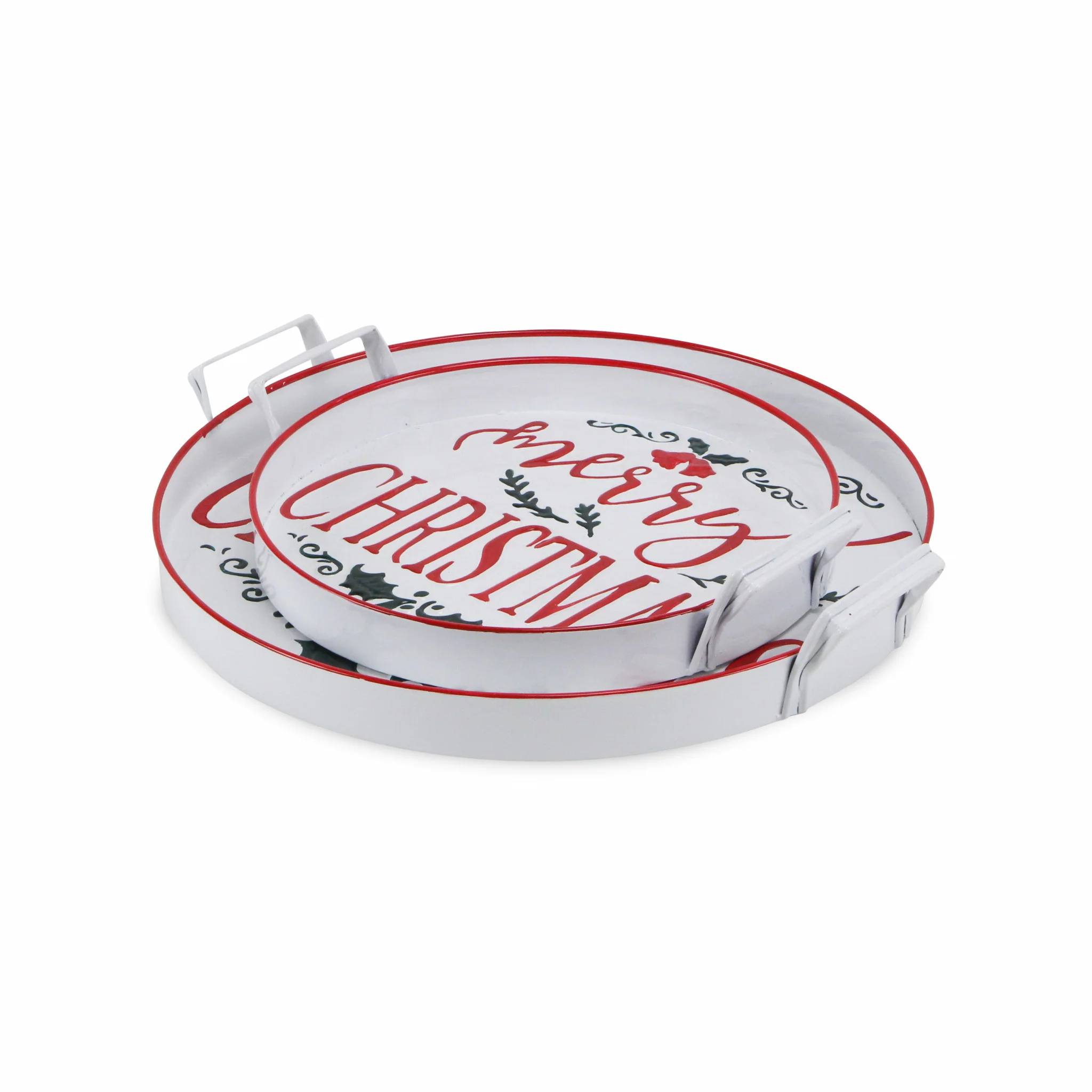 18" White Round Metal Christmas Handmade Tray With Handles By Homeroots - Image 2