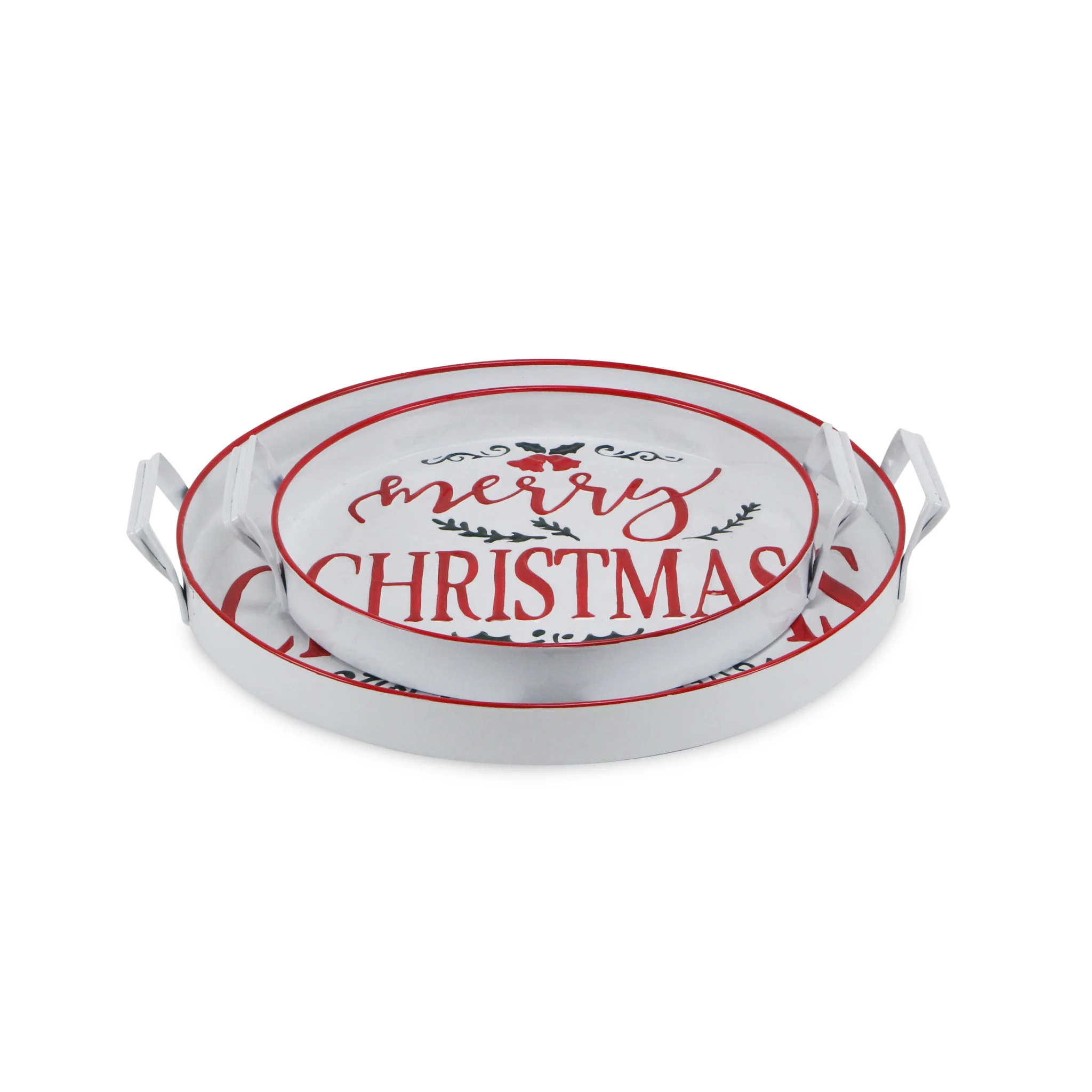 18" White Round Metal Christmas Handmade Tray With Handles By Homeroots - Image 3