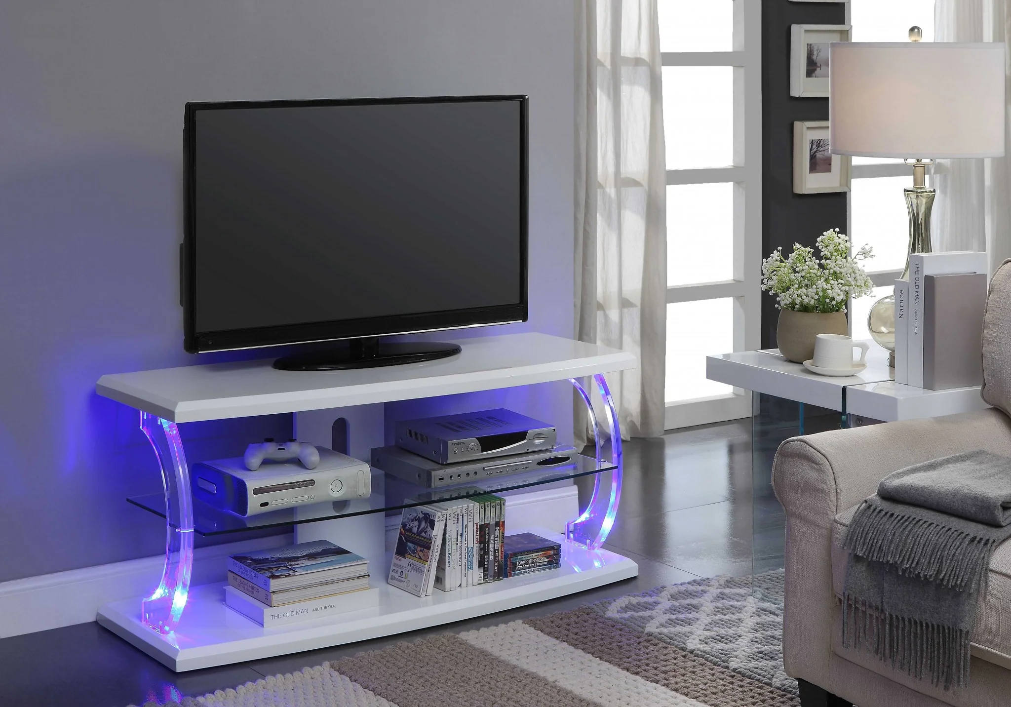 18' X 48' X 22' White Clear Glass Wood Glass Veneer (Melamine) TV Stand (LED) By Homeroots - Image 3