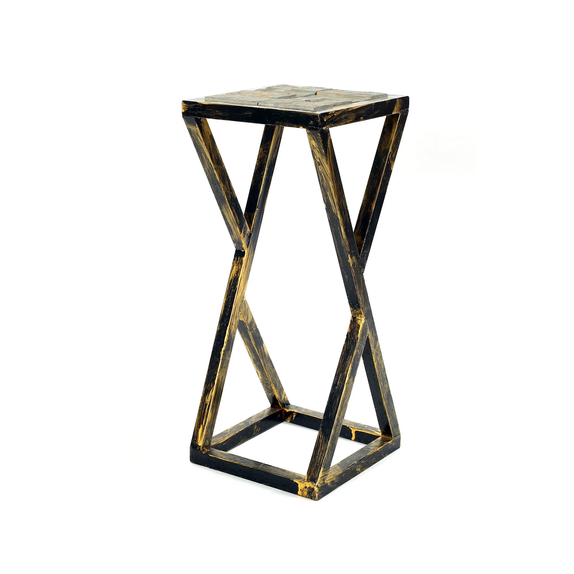 19.5 Inches Stone Top Plant Stand With Geometric Base Black And Gray By Benzara - Image 4