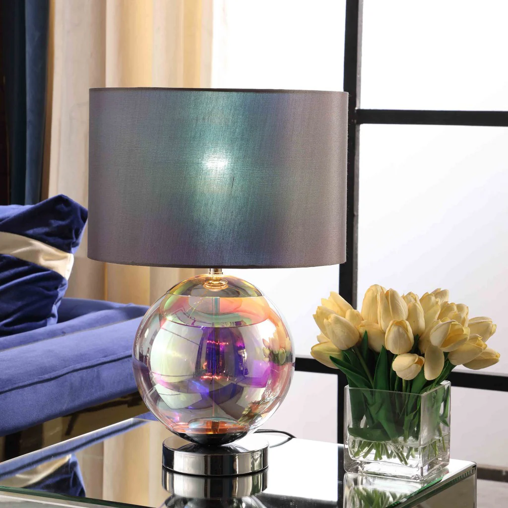 19" Iridescent Glass Globe Table Lamp With Gray Classic Drum Shade By Homeroots - Image 2