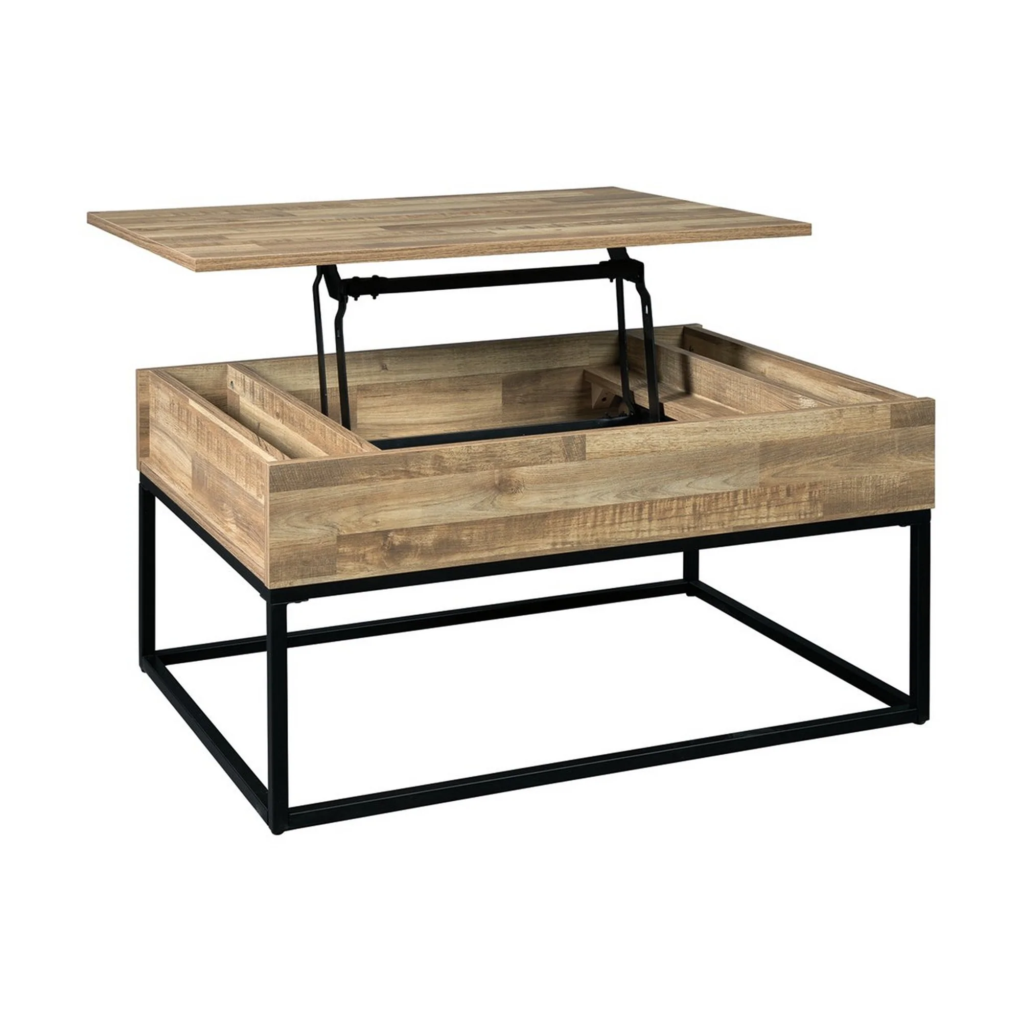19" Wood And Metal Lift Top Cocktail Table Brown And Black By Benzara - Image 3
