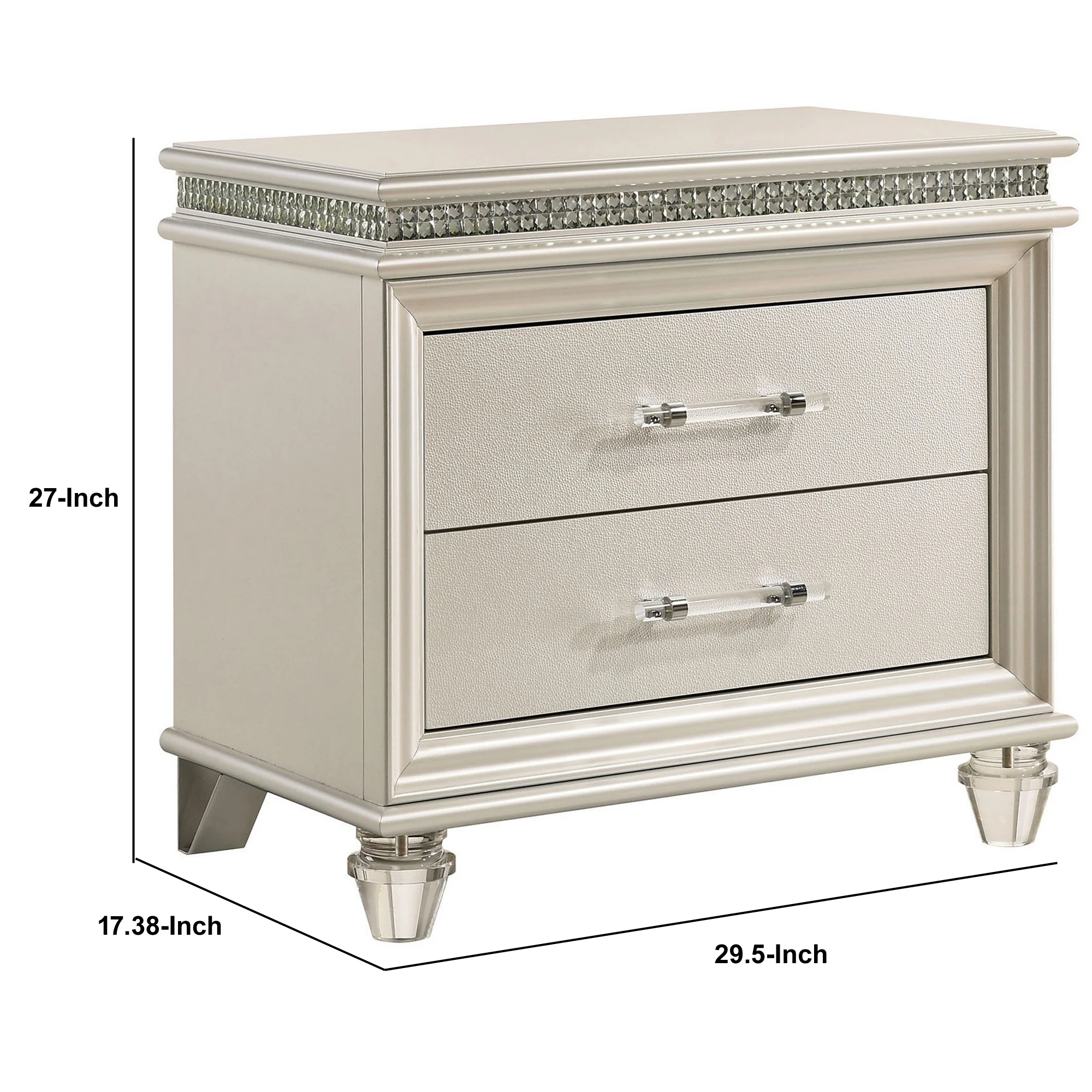 2 Drawer Nightstand With Acrylic Feet And Crystal Accents Silver By Benzara - Image 2