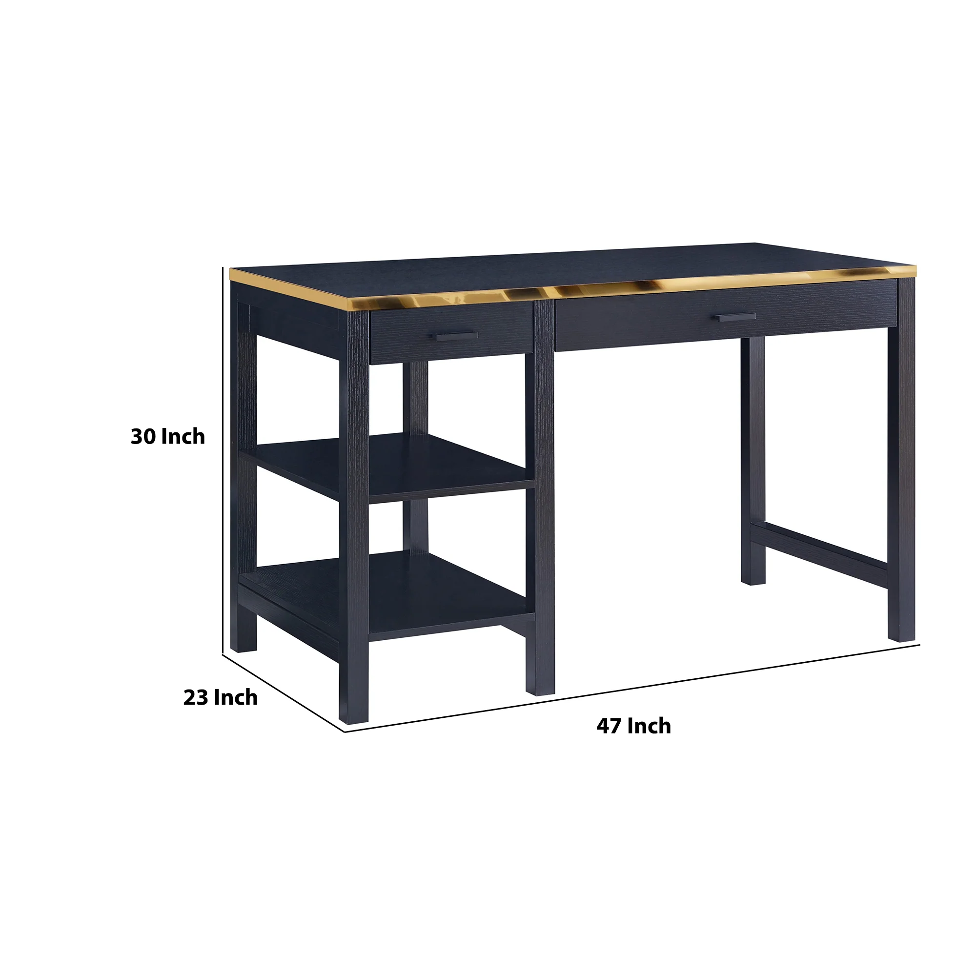 2 Drawer Rectangular Desk With 2 Open Shelves Black And Gold By Benzara - Image 2
