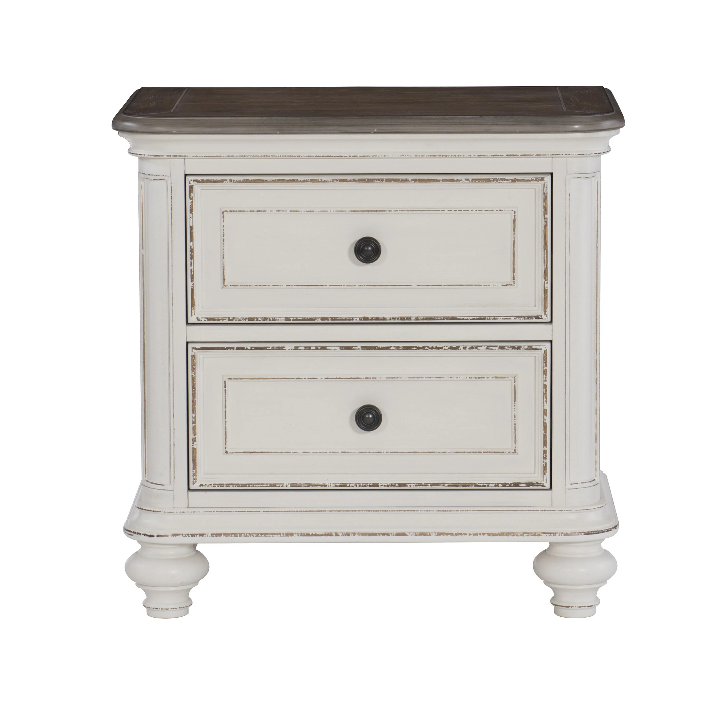2 Drawer Wooden Nightstand With Distressed Details, Antique White And Brown By Benzara - Image 2