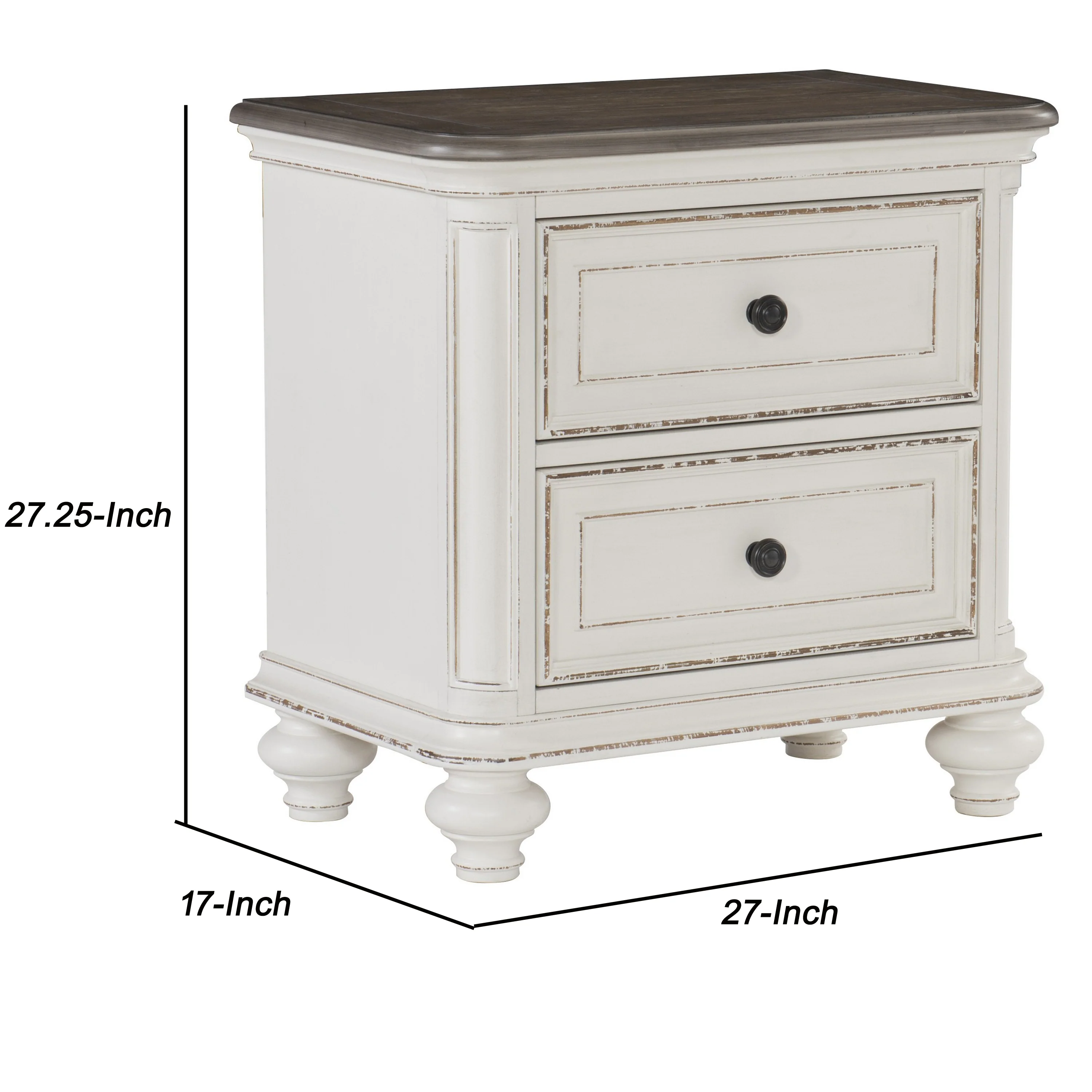 2 Drawer Wooden Nightstand With Distressed Details, Antique White And Brown By Benzara - Image 3