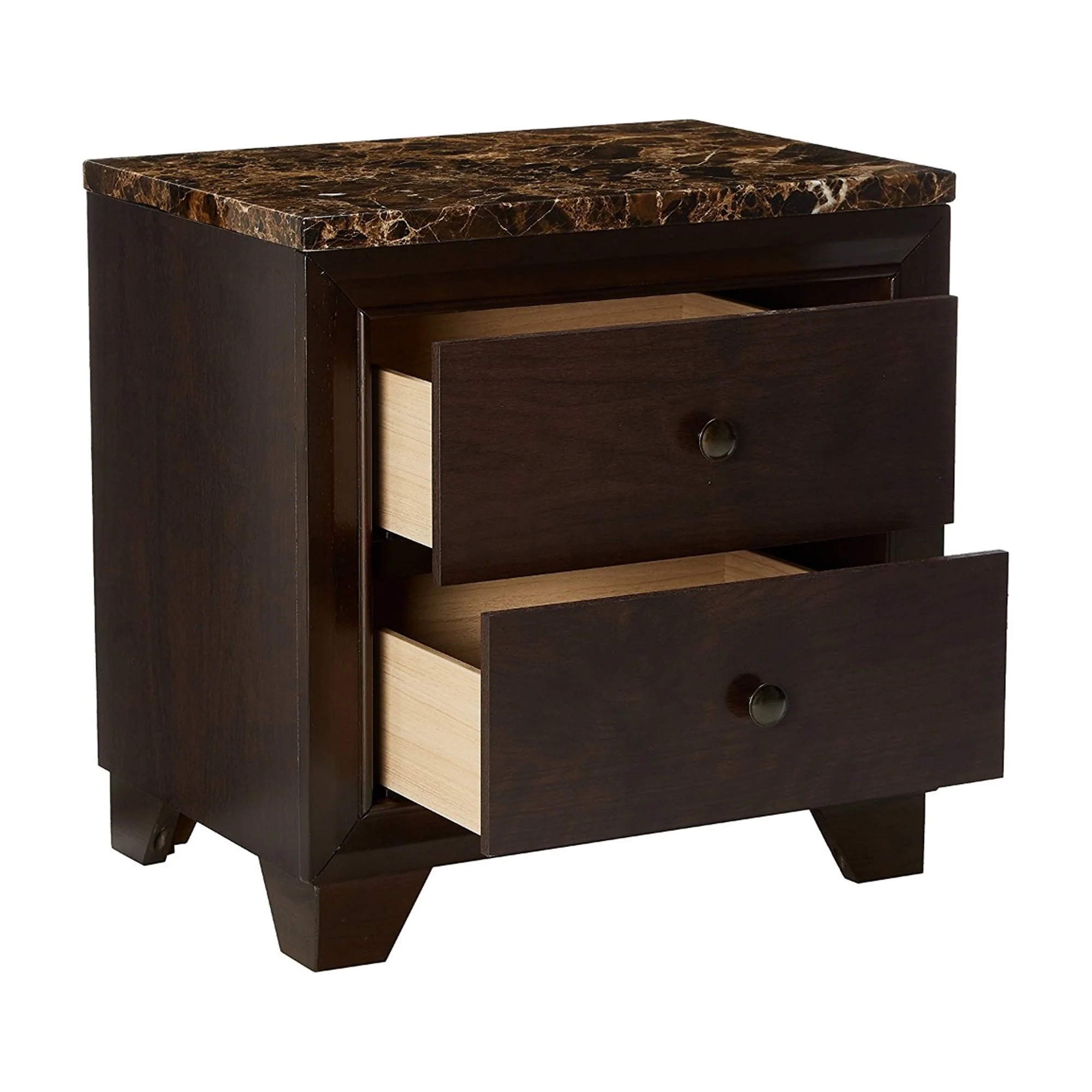 2 Drawer Wooden Nightstand With Faux Marble Top, Cappuccino Brown By Benzara - Image 3