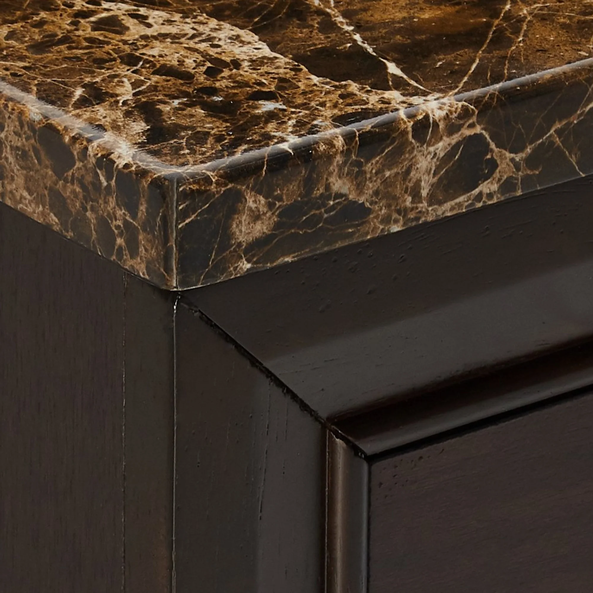 2 Drawer Wooden Nightstand With Faux Marble Top, Cappuccino Brown By Benzara - Image 4