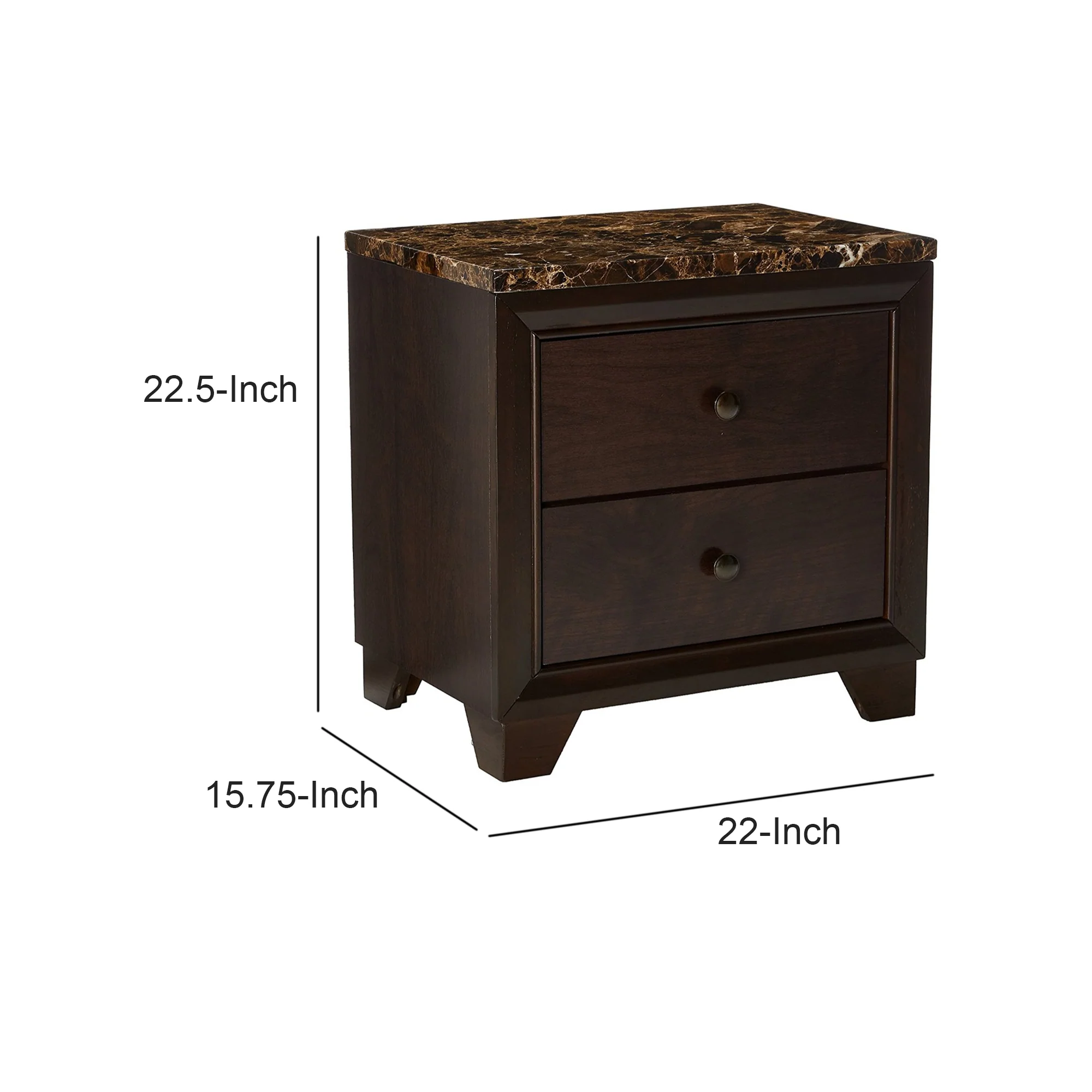 2 Drawer Wooden Nightstand With Faux Marble Top, Cappuccino Brown By Benzara - Image 5